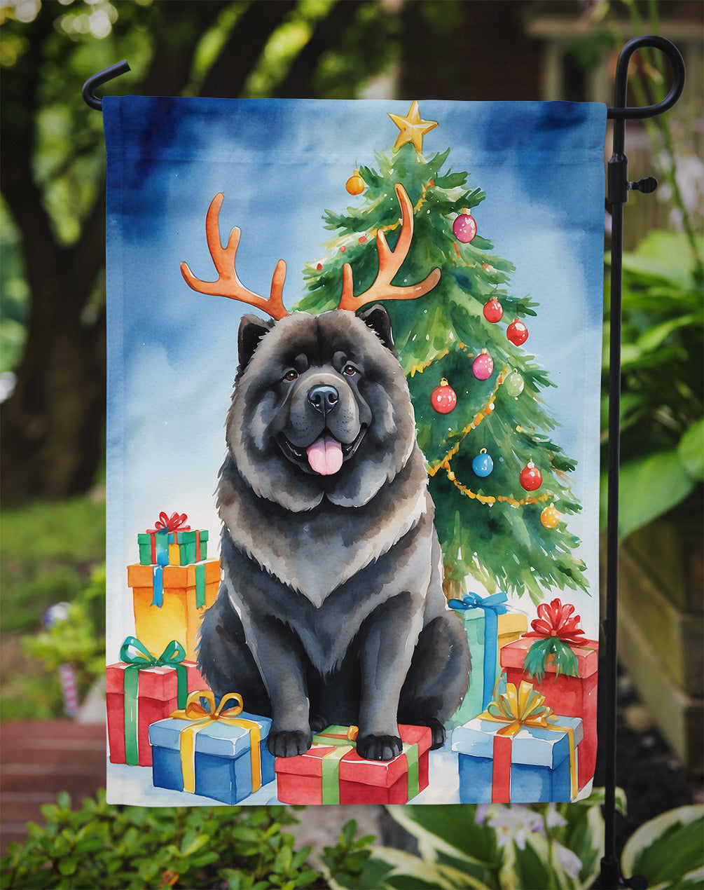 Black Chow Chow Christmas Reindeer Garden Flag