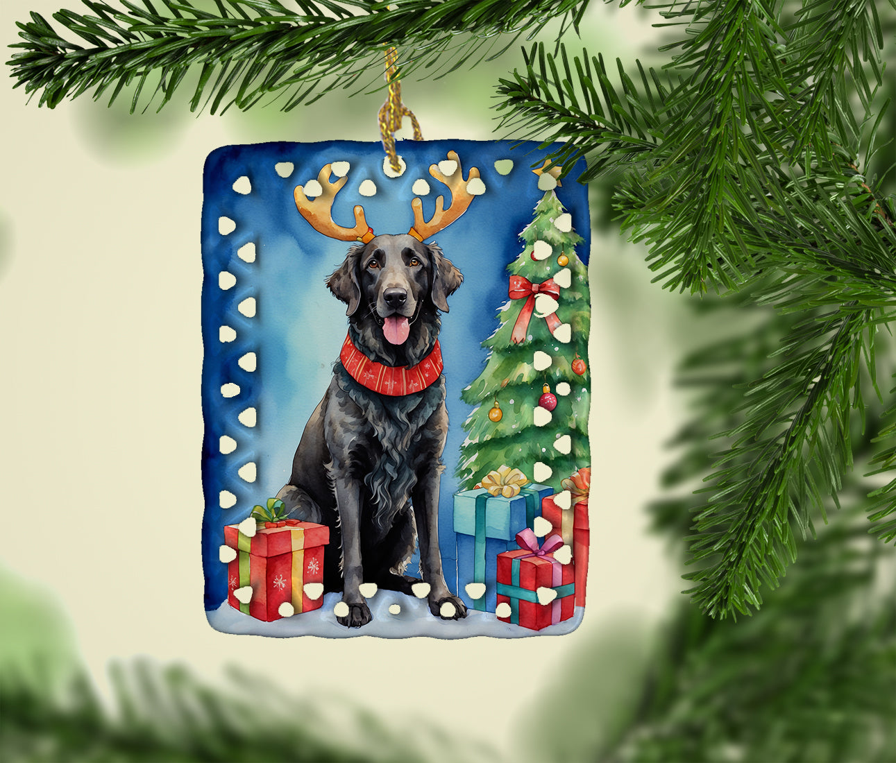 Buy this Curly-Coated Retriever Christmas Reindeer Porcelain Ornament