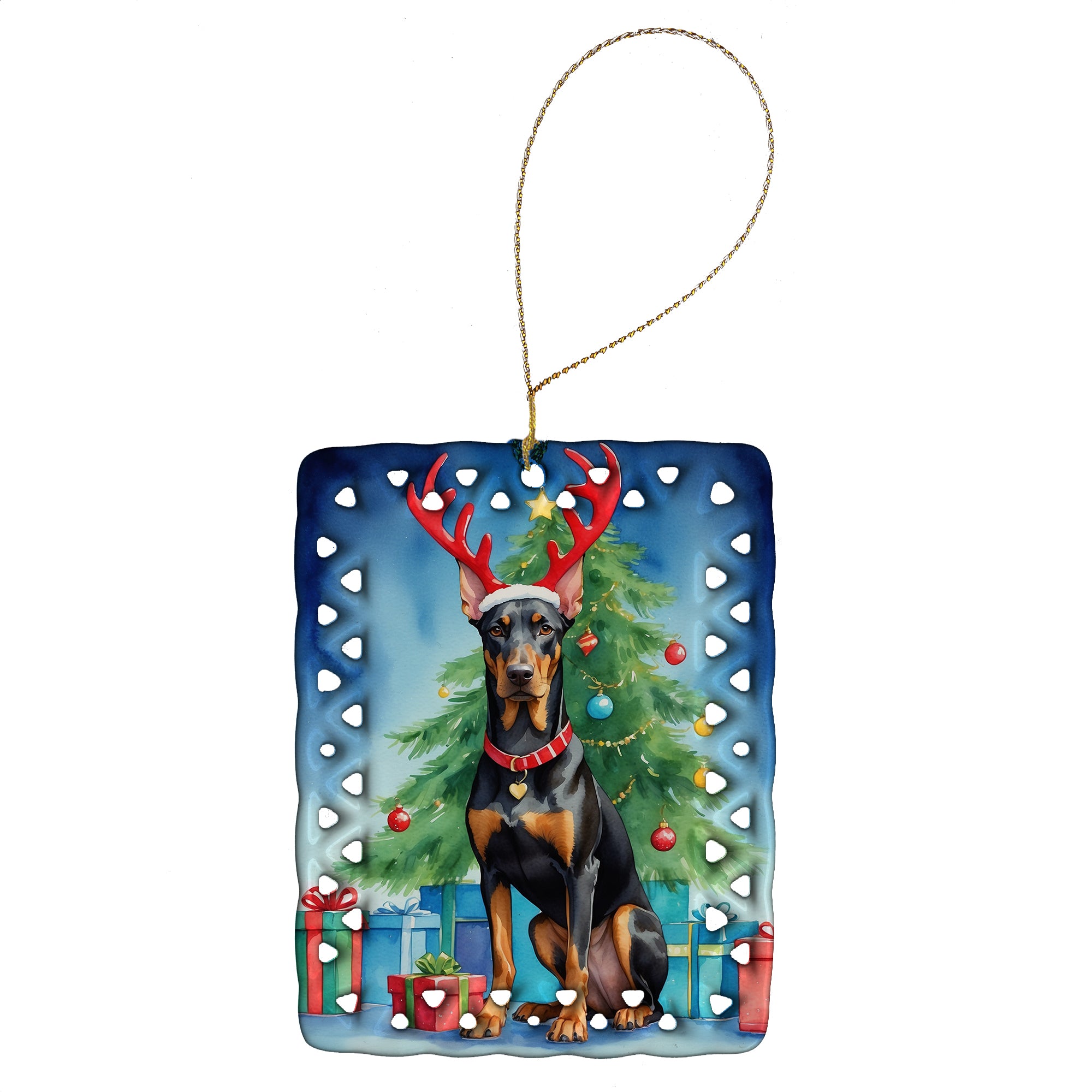 Buy this Doberman Pinscher Christmas Reindeer Porcelain Ornament