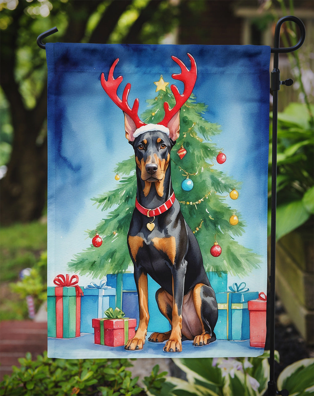 Doberman Pinscher Christmas Reindeer Garden Flag