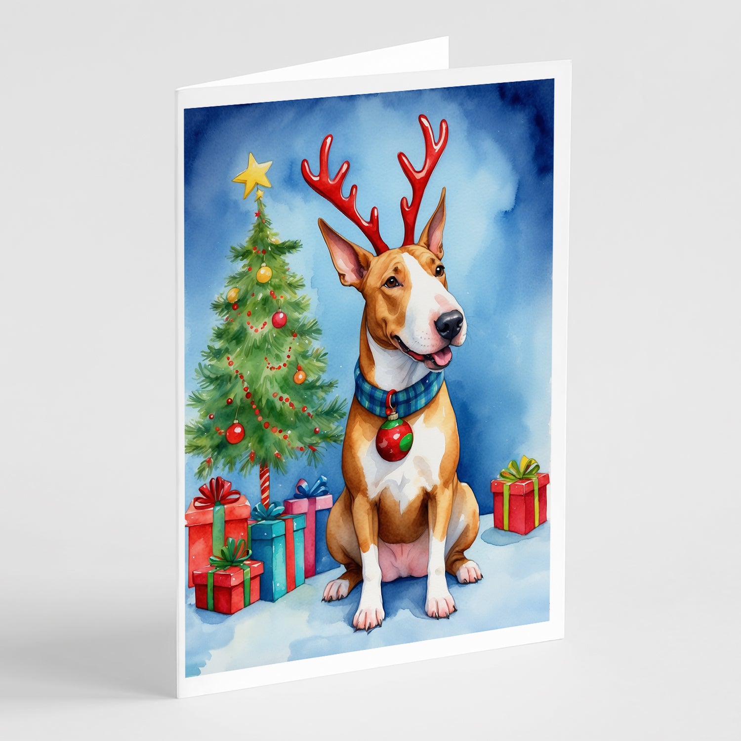 Buy this Bull Terrier Christmas Reindeer Greeting Cards Pack of 8