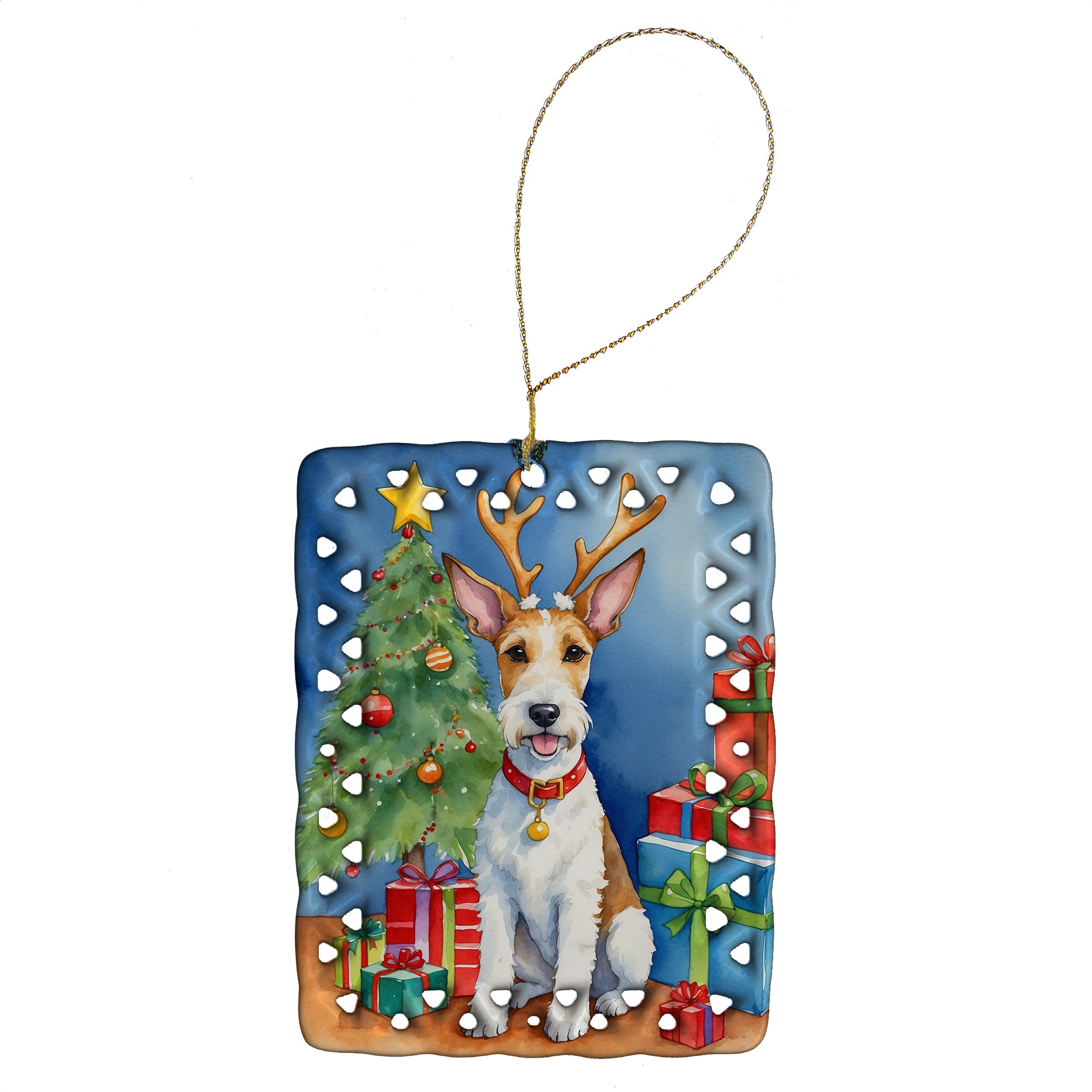 Buy this Fox Terrier Christmas Reindeer Porcelain Ornament