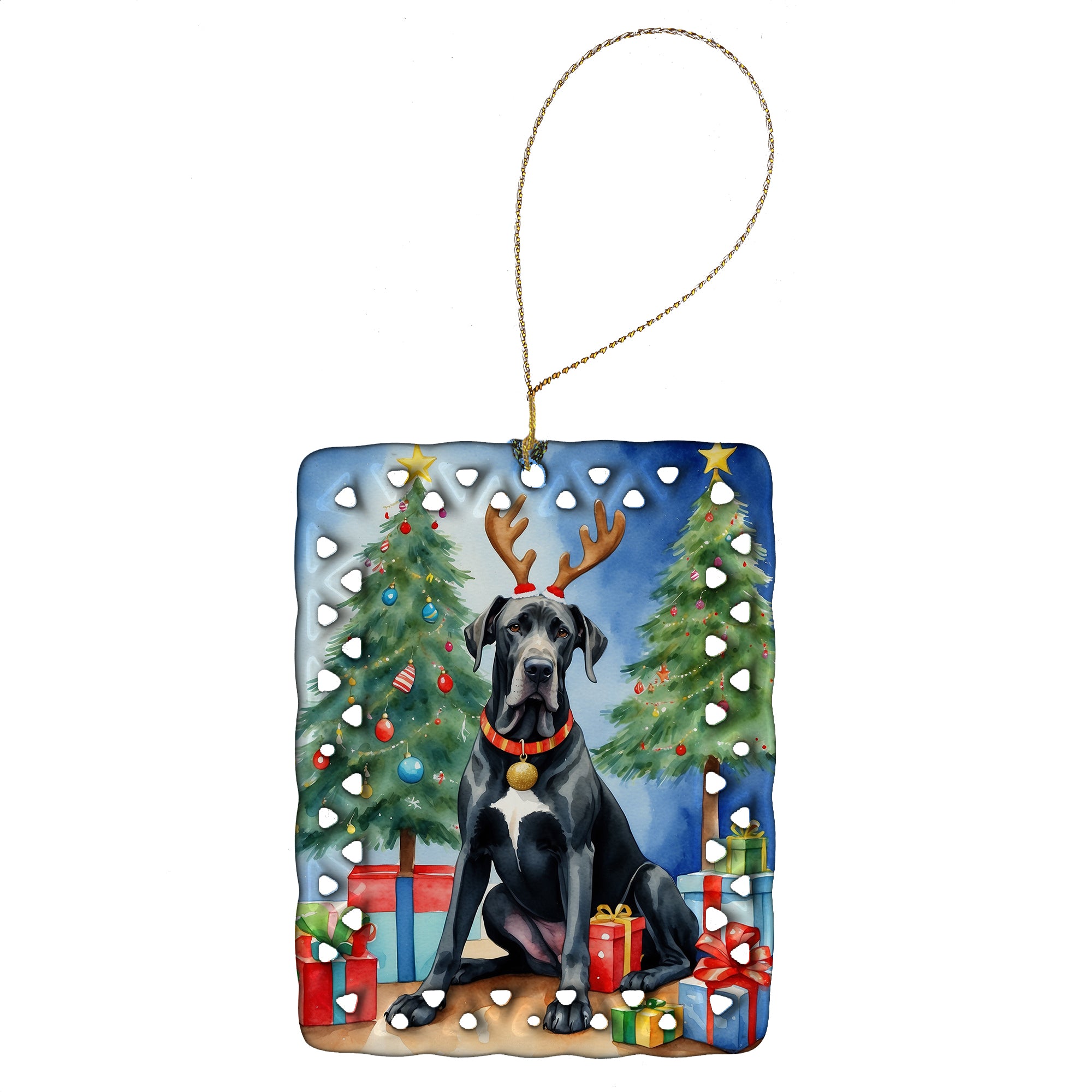 Buy this Black Great Dane Christmas Reindeer Porcelain Ornament