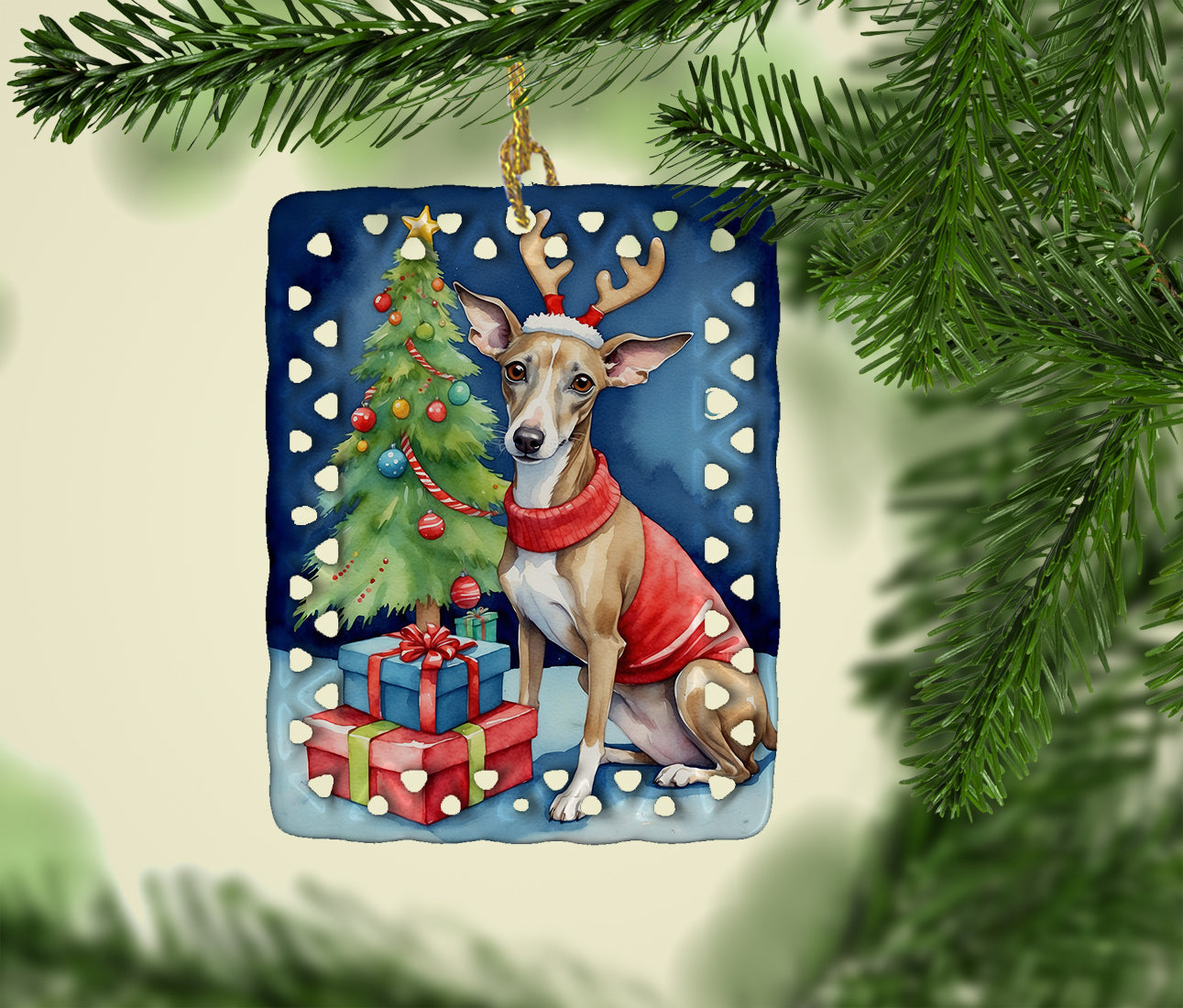 Buy this Italian Greyhound Christmas Reindeer Porcelain Ornament