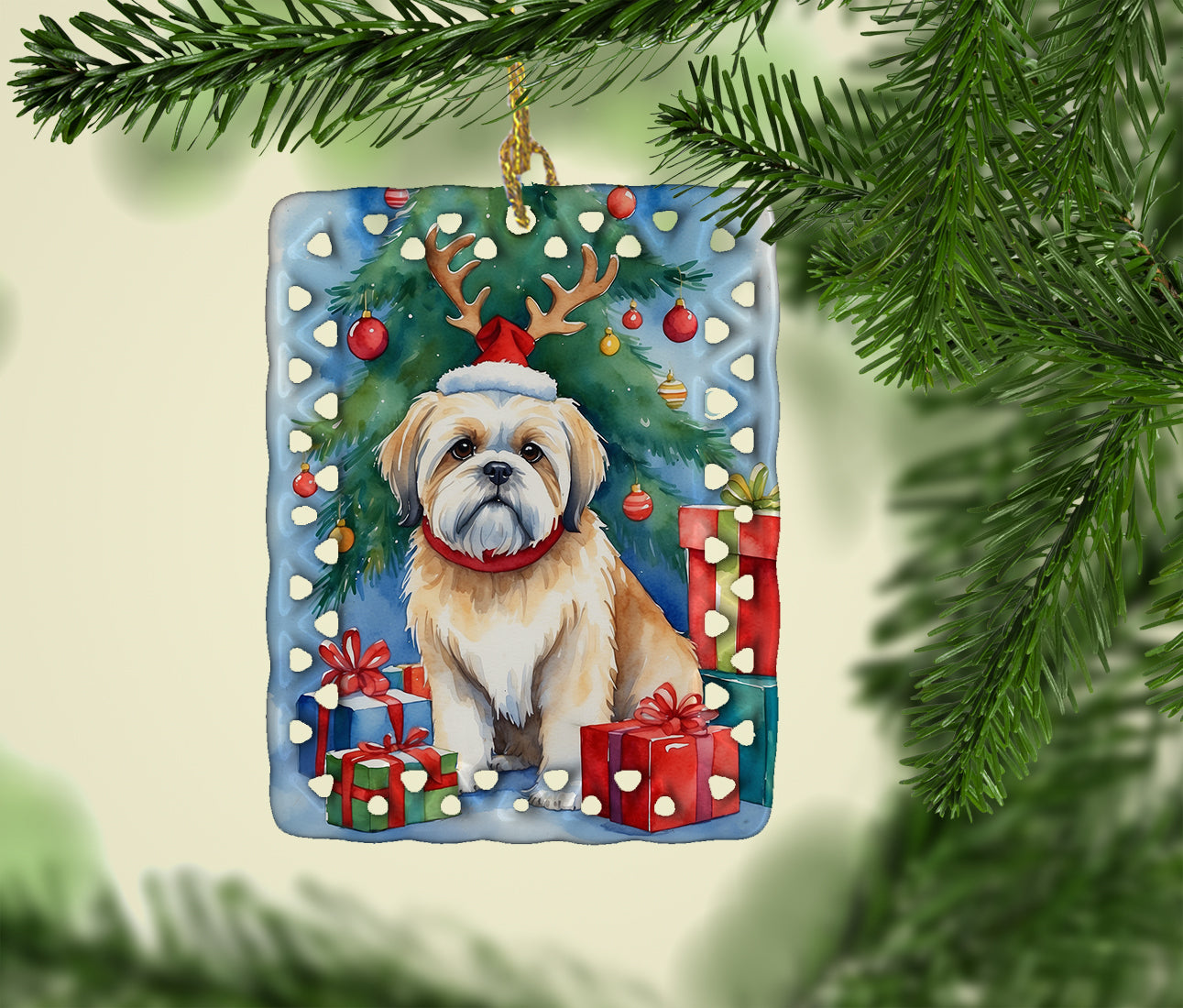 Buy this Lhasa Apso Christmas Reindeer Porcelain Ornament