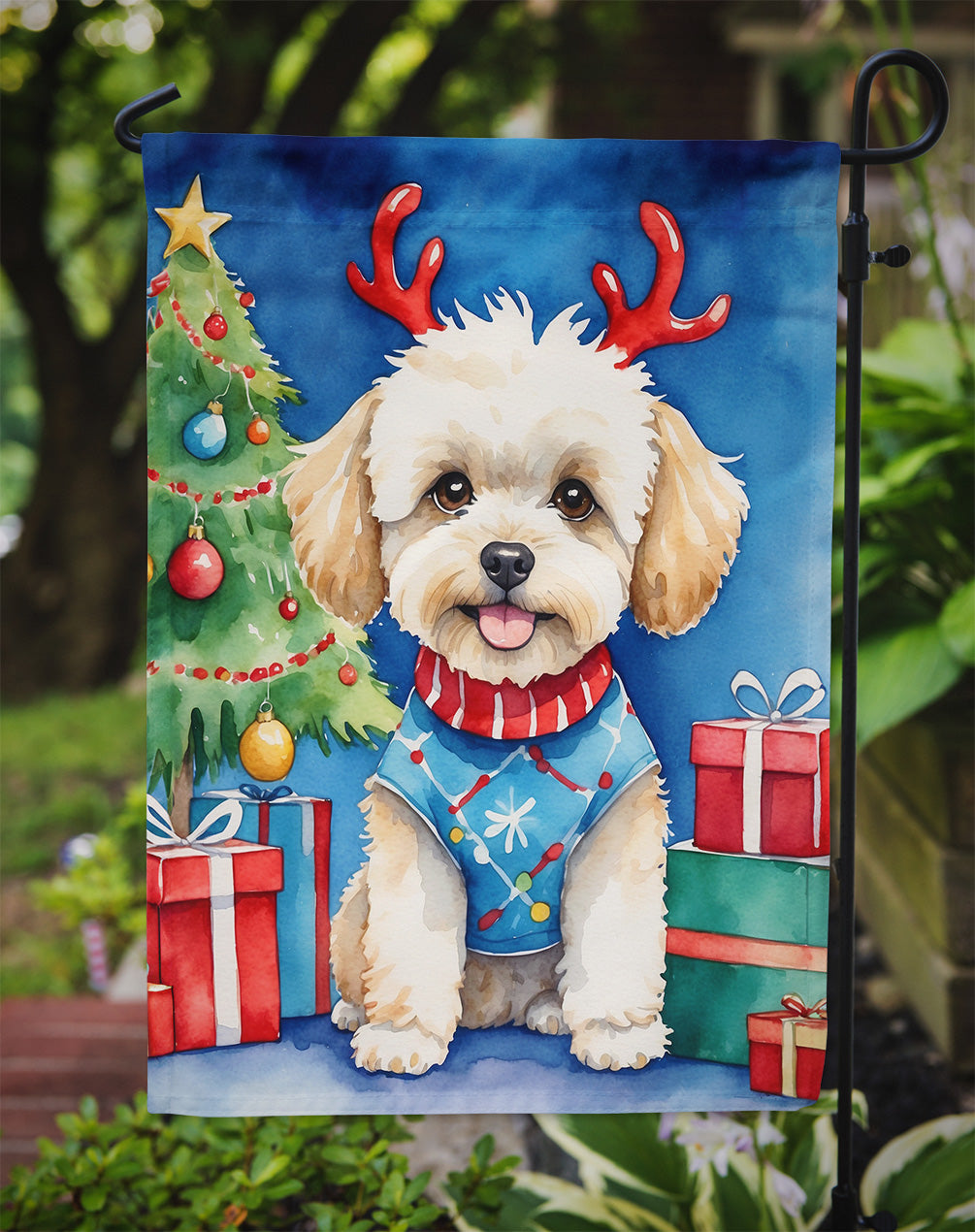 Maltipoo Christmas Reindeer Garden Flag