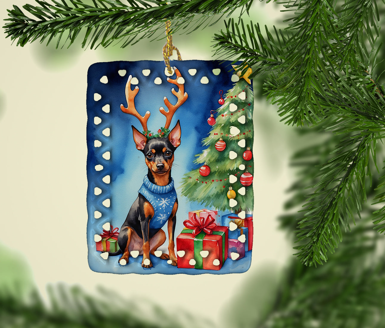 Buy this Miniature Pinscher Christmas Reindeer Porcelain Ornament