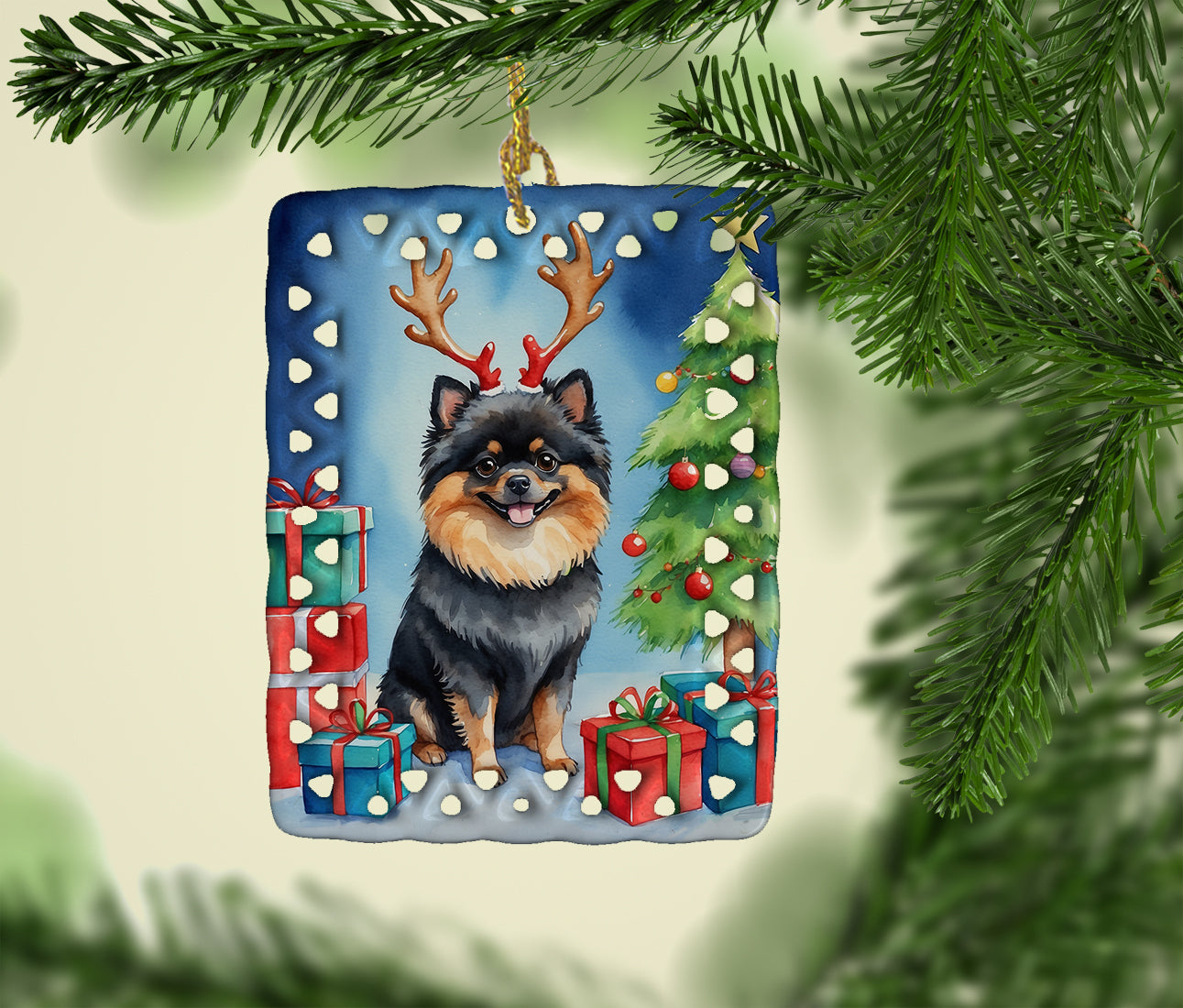 Buy this Pomeranian Christmas Reindeer Porcelain Ornament