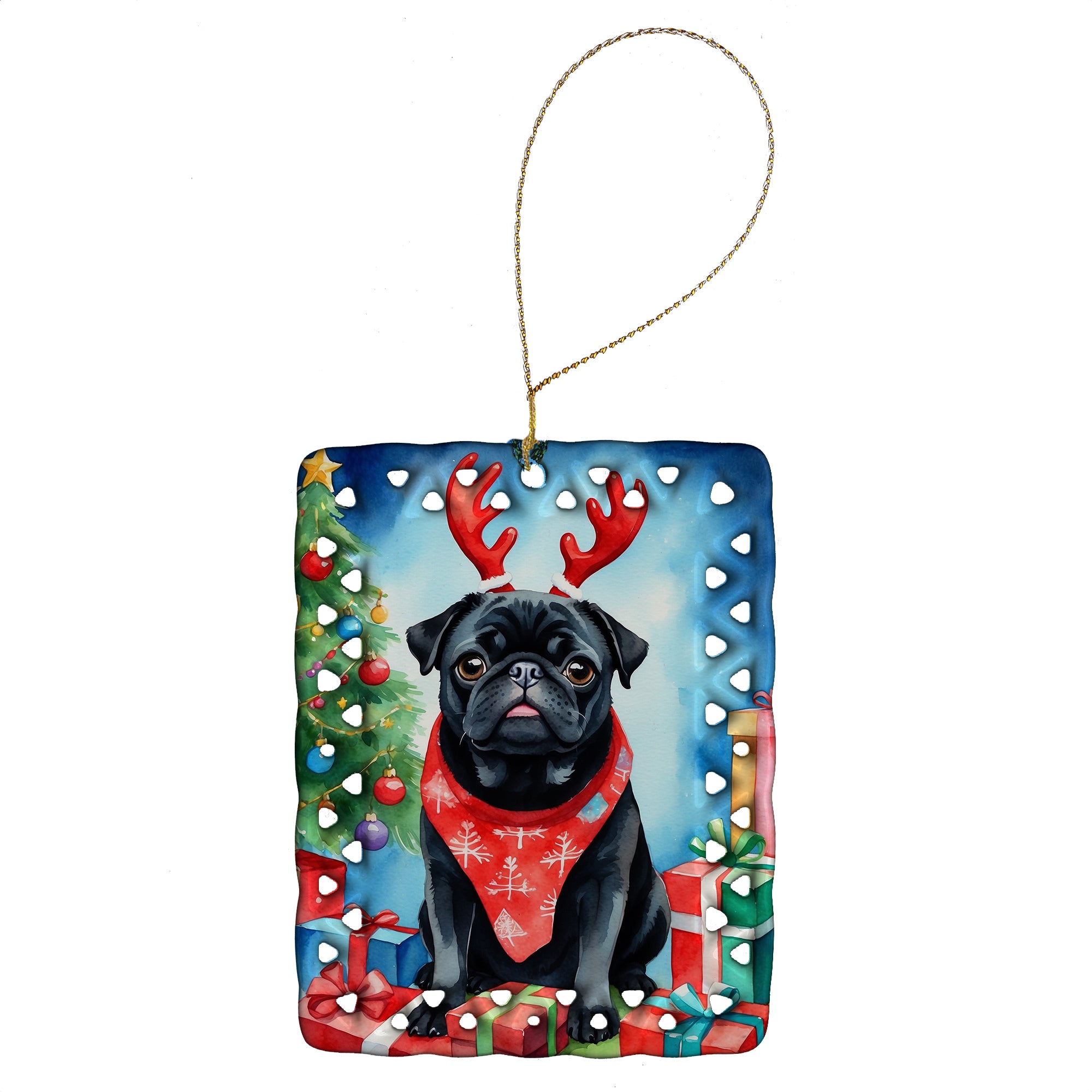 Buy this Black Pug Christmas Reindeer Porcelain Ornament