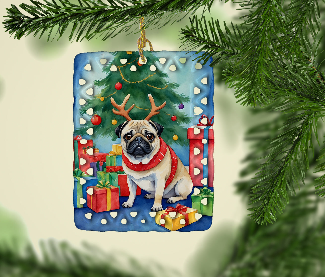 Buy this Pug Christmas Reindeer Porcelain Ornament