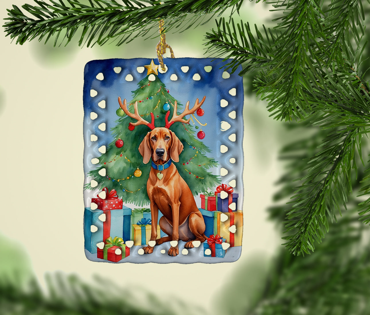 Buy this Redbone Coonhound Christmas Reindeer Porcelain Ornament