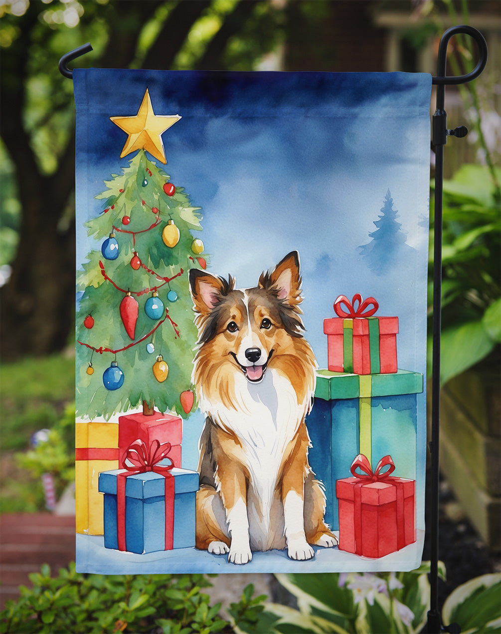 Sheltie Christmas Reindeer Garden Flag