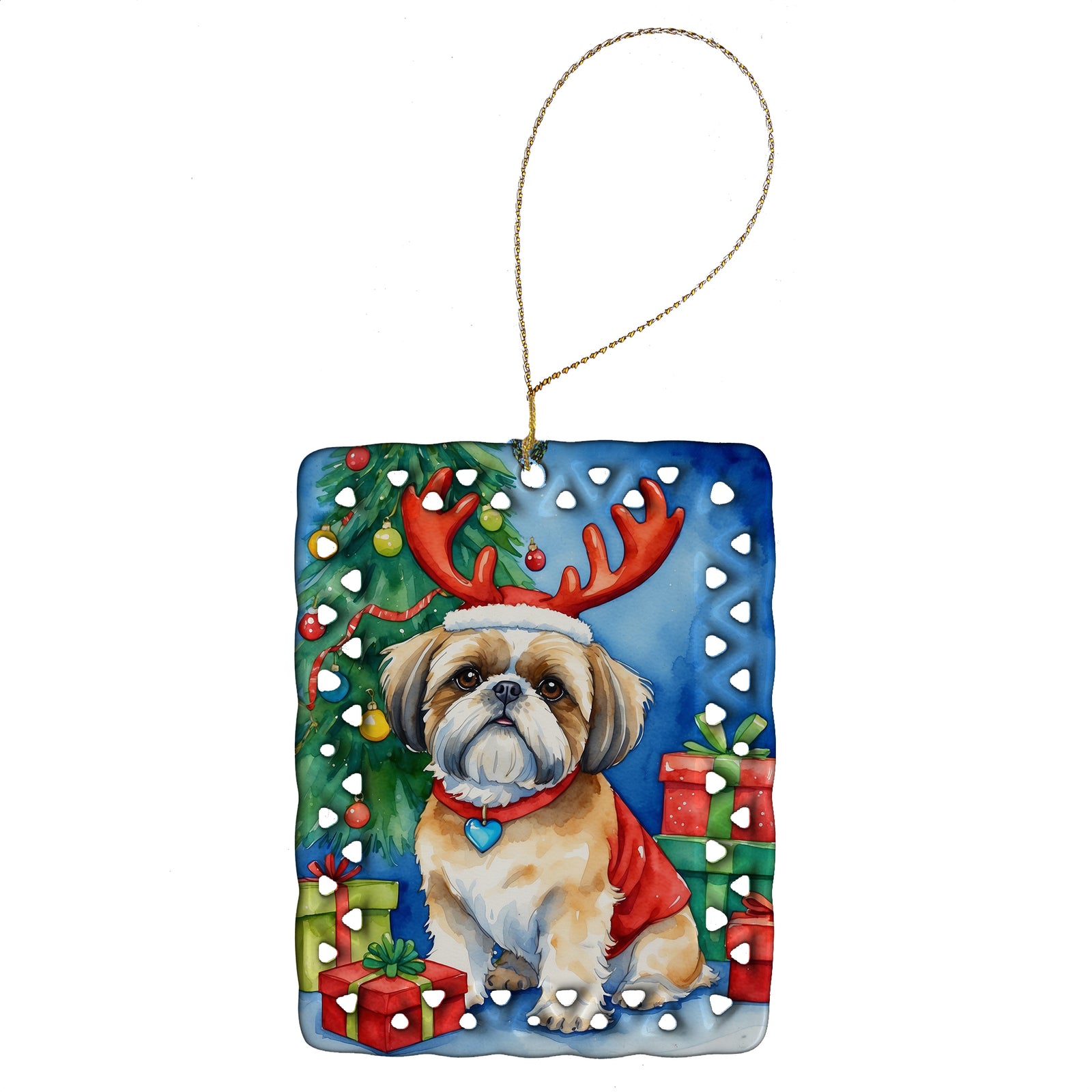 Buy this Shih Tzu Christmas Reindeer Porcelain Ornament