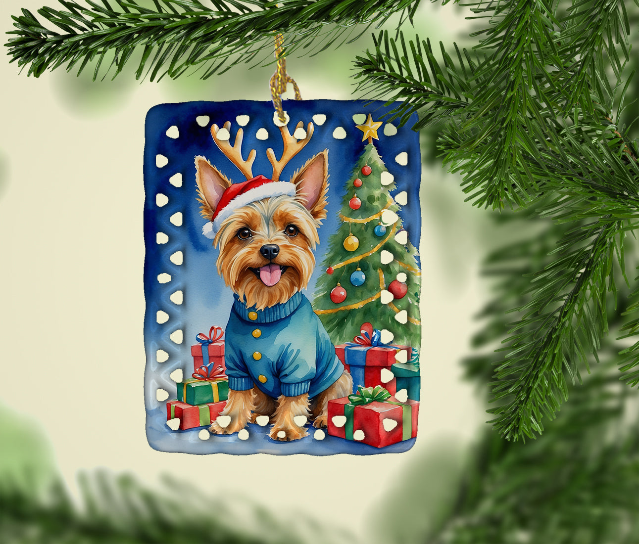 Buy this Silky Terrier Christmas Reindeer Porcelain Ornament