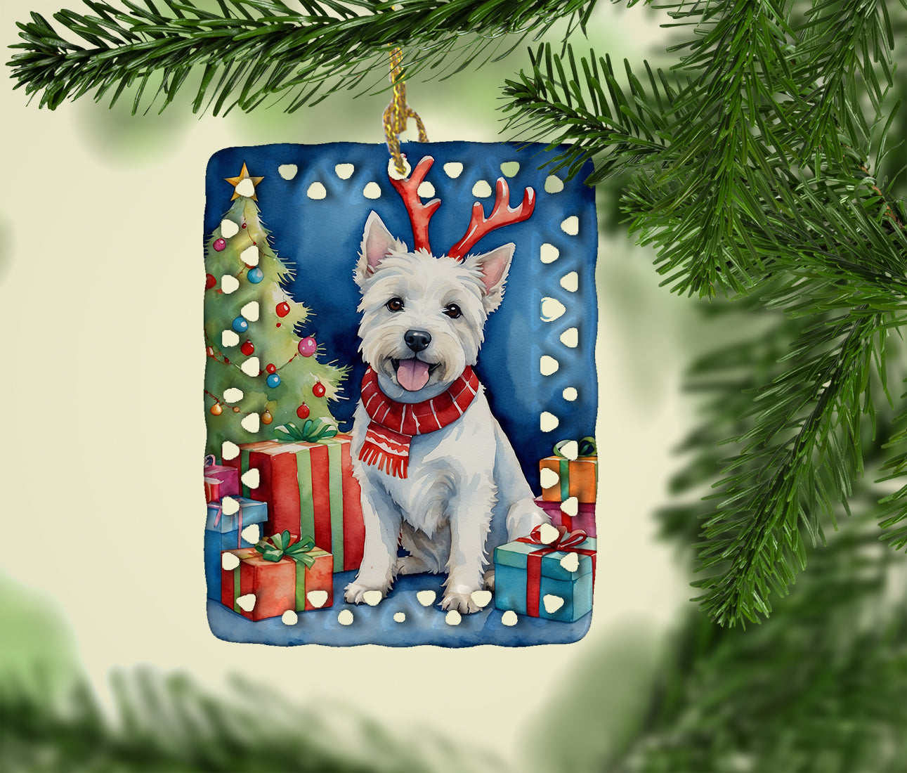 Buy this Westie Christmas Reindeer Porcelain Ornament