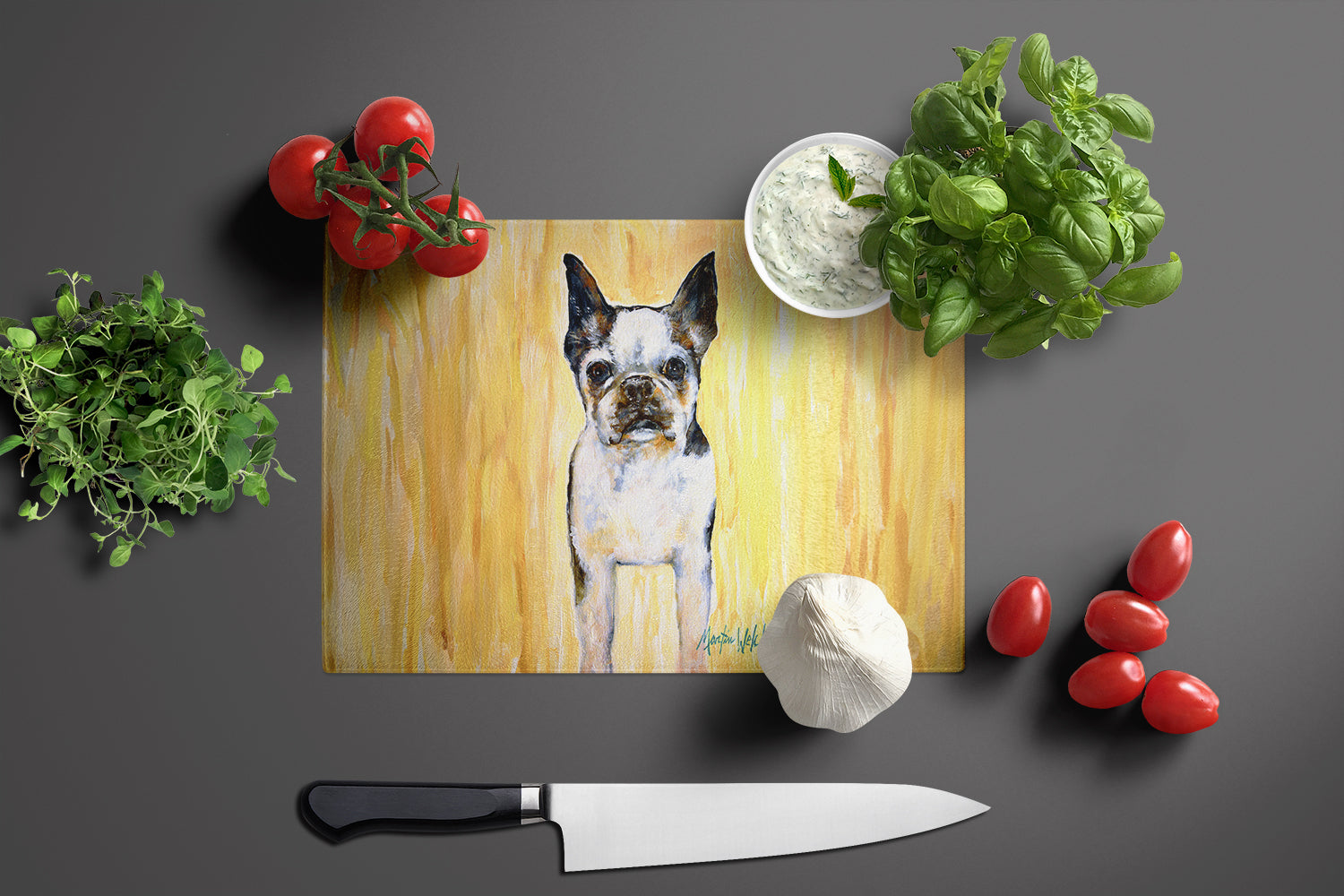 Boston Terrier Walker Two Glass Cutting Board