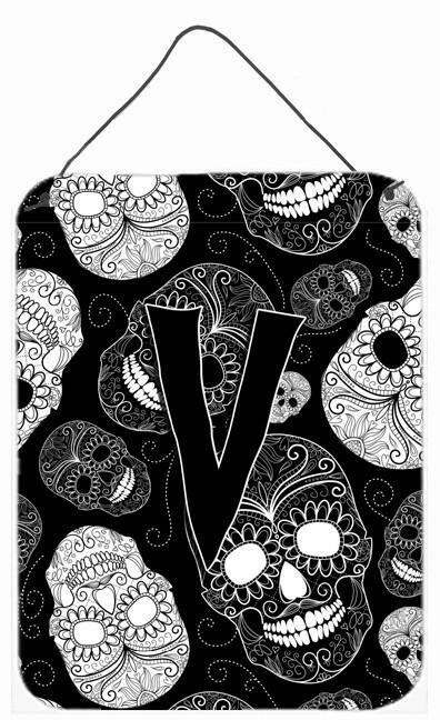 Letter V Day of the Dead Skulls Black Wall or Door Hanging Prints CJ2008-VDS1216 by Caroline&#39;s Treasures