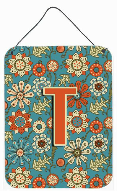 Letter T Flowers Retro Blue Wall or Door Hanging Prints CJ2012-TDS1216 by Caroline&#39;s Treasures