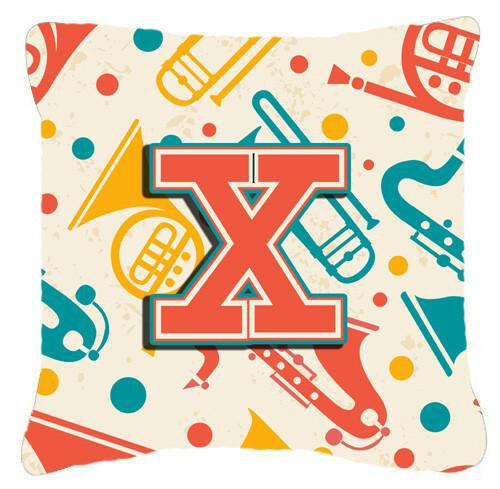 Letter X Retro Teal Orange Musical Instruments Initial Canvas Fabric Decorative Pillow CJ2001-XPW1414 by Caroline&#39;s Treasures