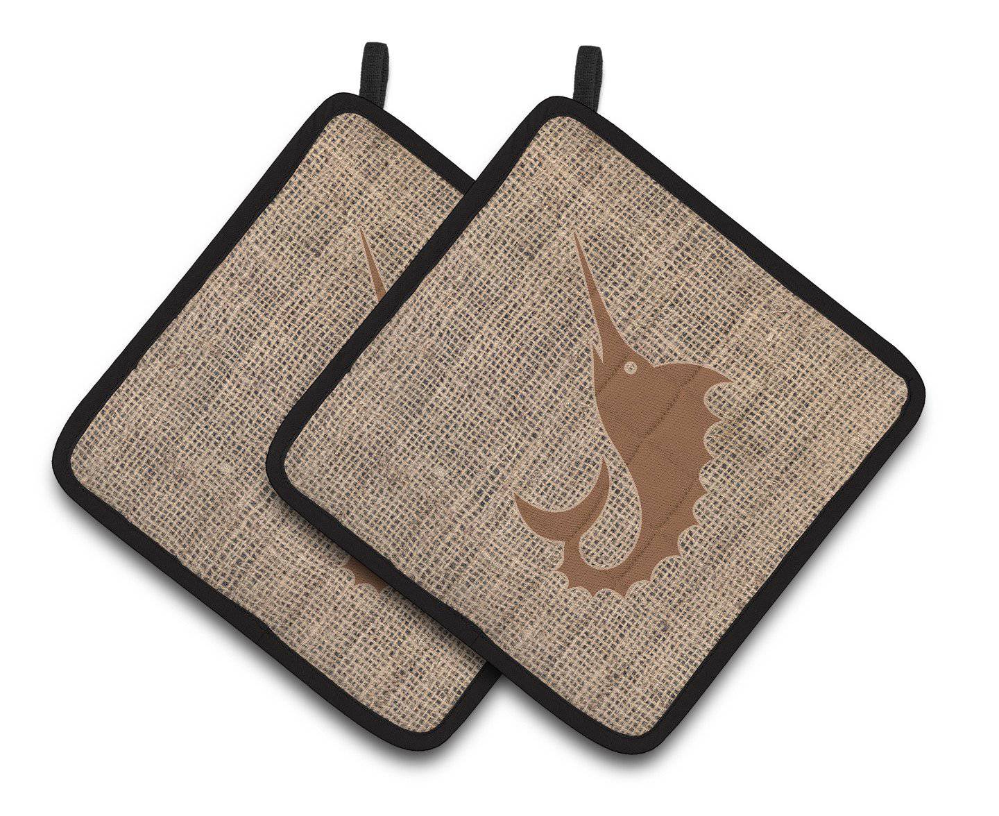 Fish - Sword Fish Faux Burlap and Brown   Pair of Pot Holders BB1097-BL-BN-PTHD - the-store.com