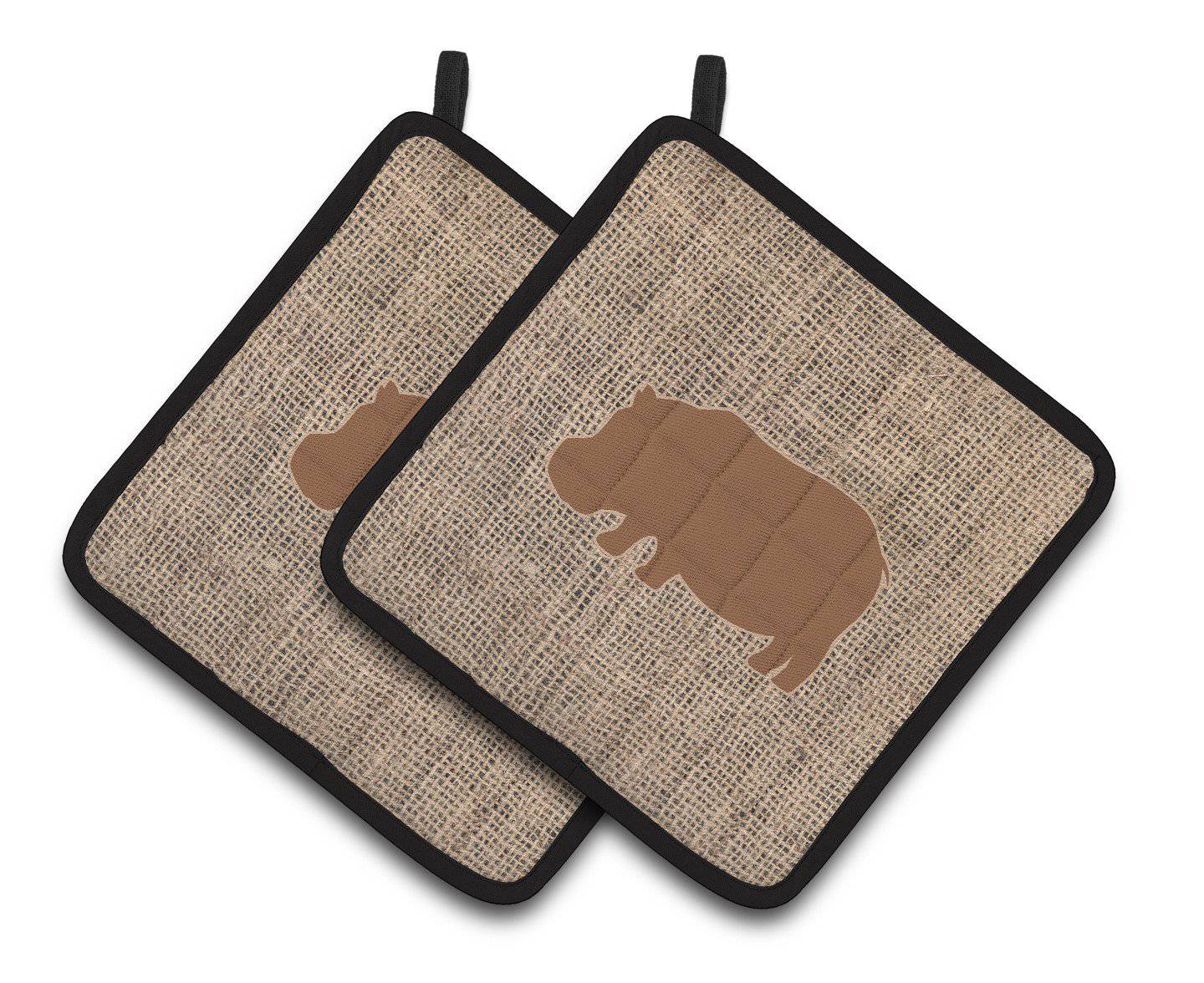 Hippopotamus Faux Burlap and Brown   Pair of Pot Holders BB1130-BL-BN-PTHD - the-store.com