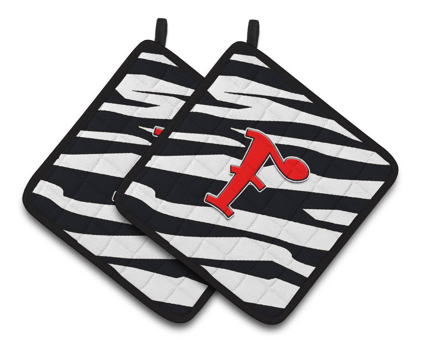 Monogram Initial F Zebra Red  Pair of Pot Holders CJ1024-FPTHD - the-store.com