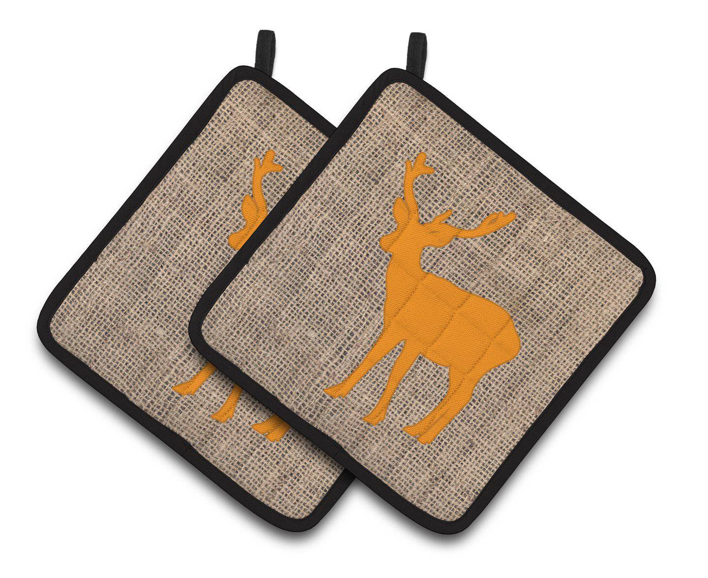 Deer Faux Burlap and Orange   Pair of Pot Holders BB1012-BL-OR-PTHD - the-store.com