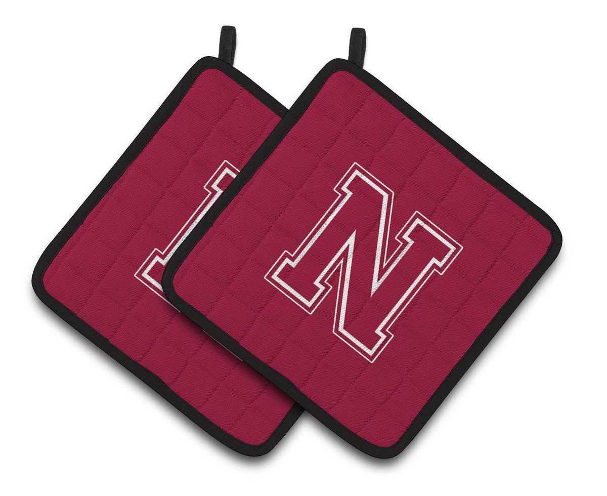 Monogram Initial N Maroon and White  Pair of Pot Holders CJ1032-NPTHD - the-store.com