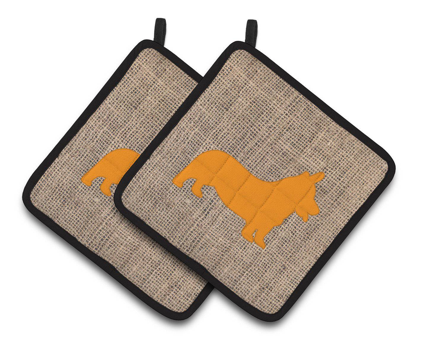 Corgi Faux Burlap and Orange   Pair of Pot Holders BB1069-BL-OR-PTHD - the-store.com