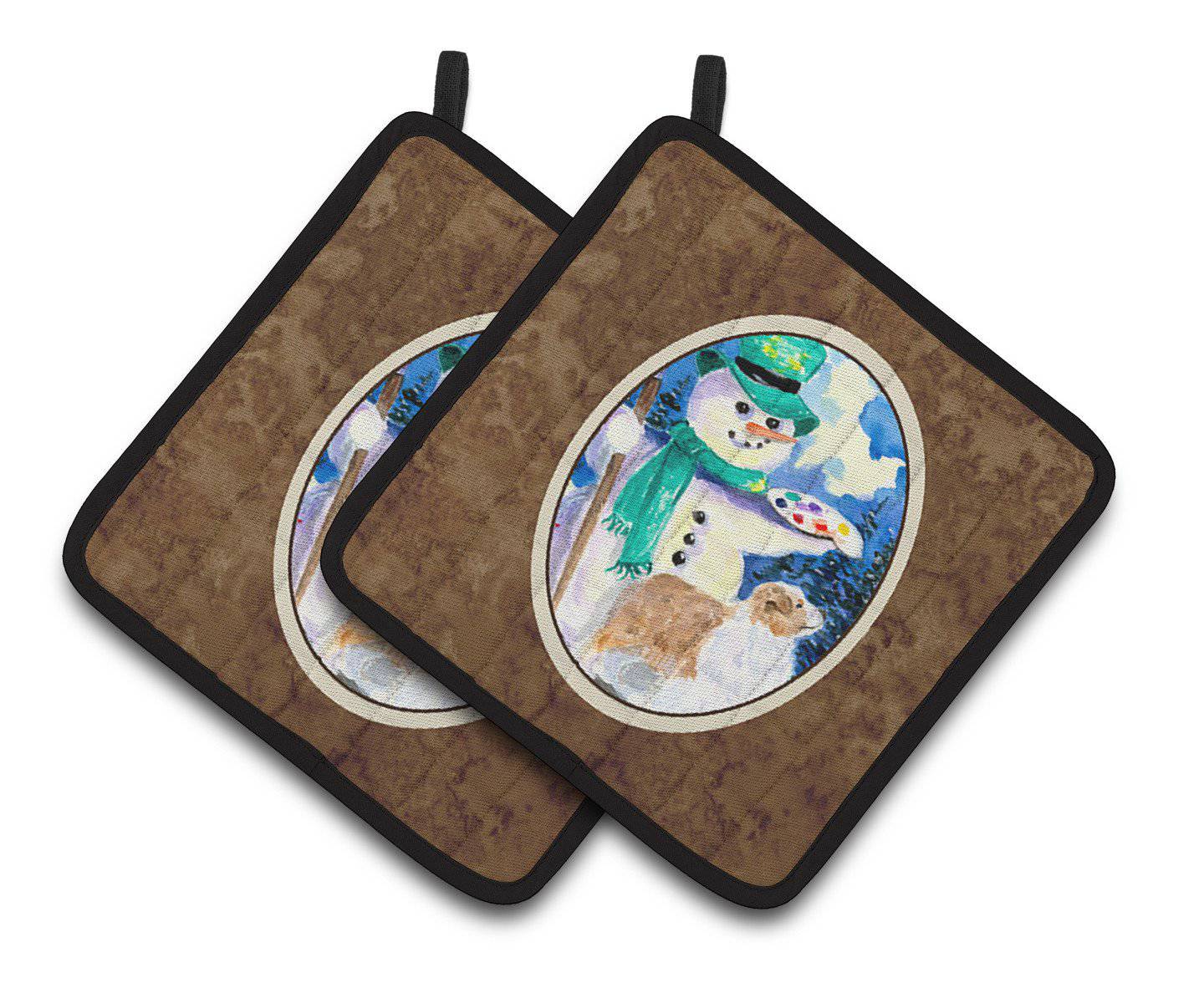 Snowman with Australian Shepherd Pair of Pot Holders SS8996PTHD - the-store.com