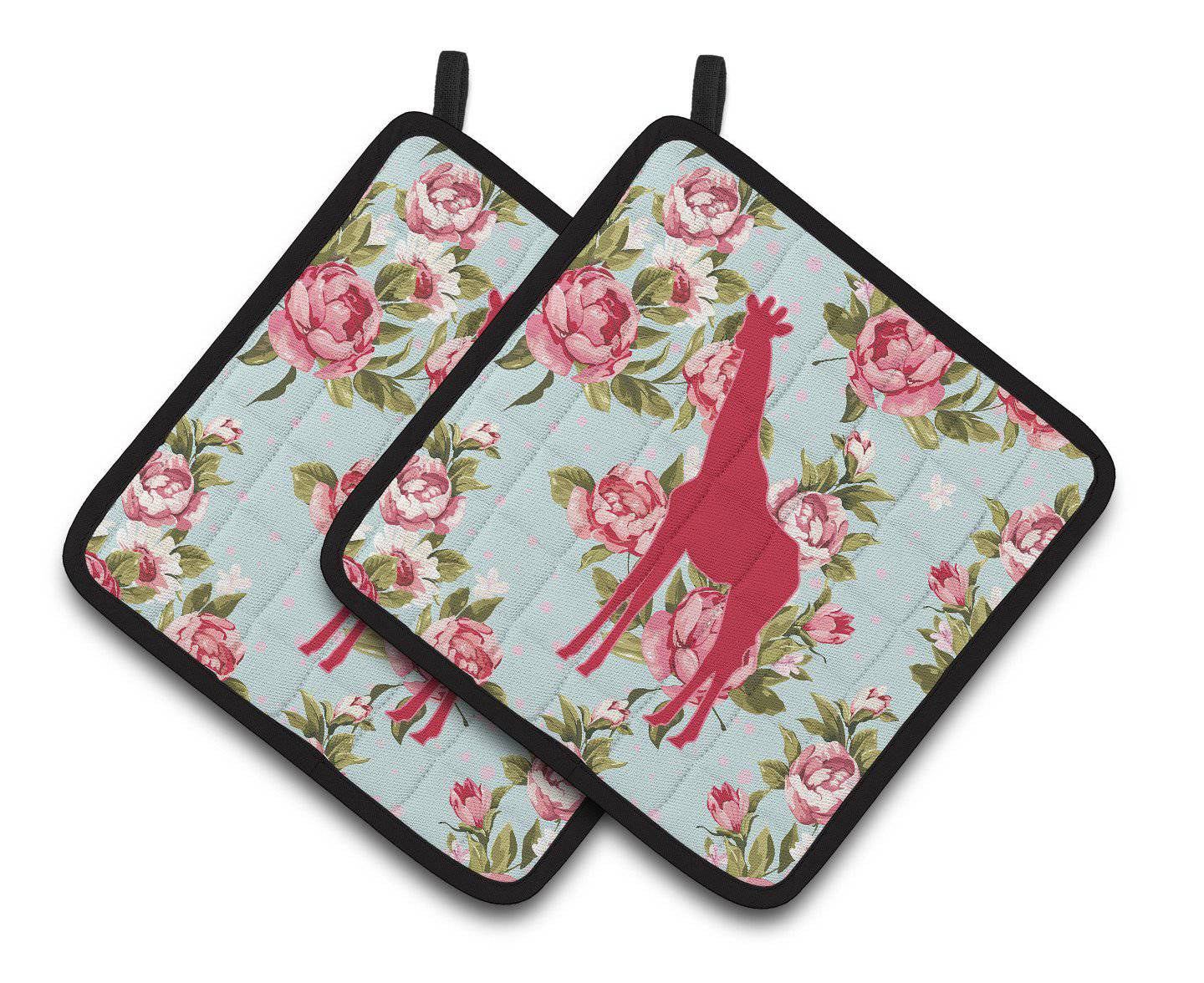 Giraffe Shabby Chic Blue Roses   Pair of Pot Holders BB1001-RS-BU-PTHD - the-store.com