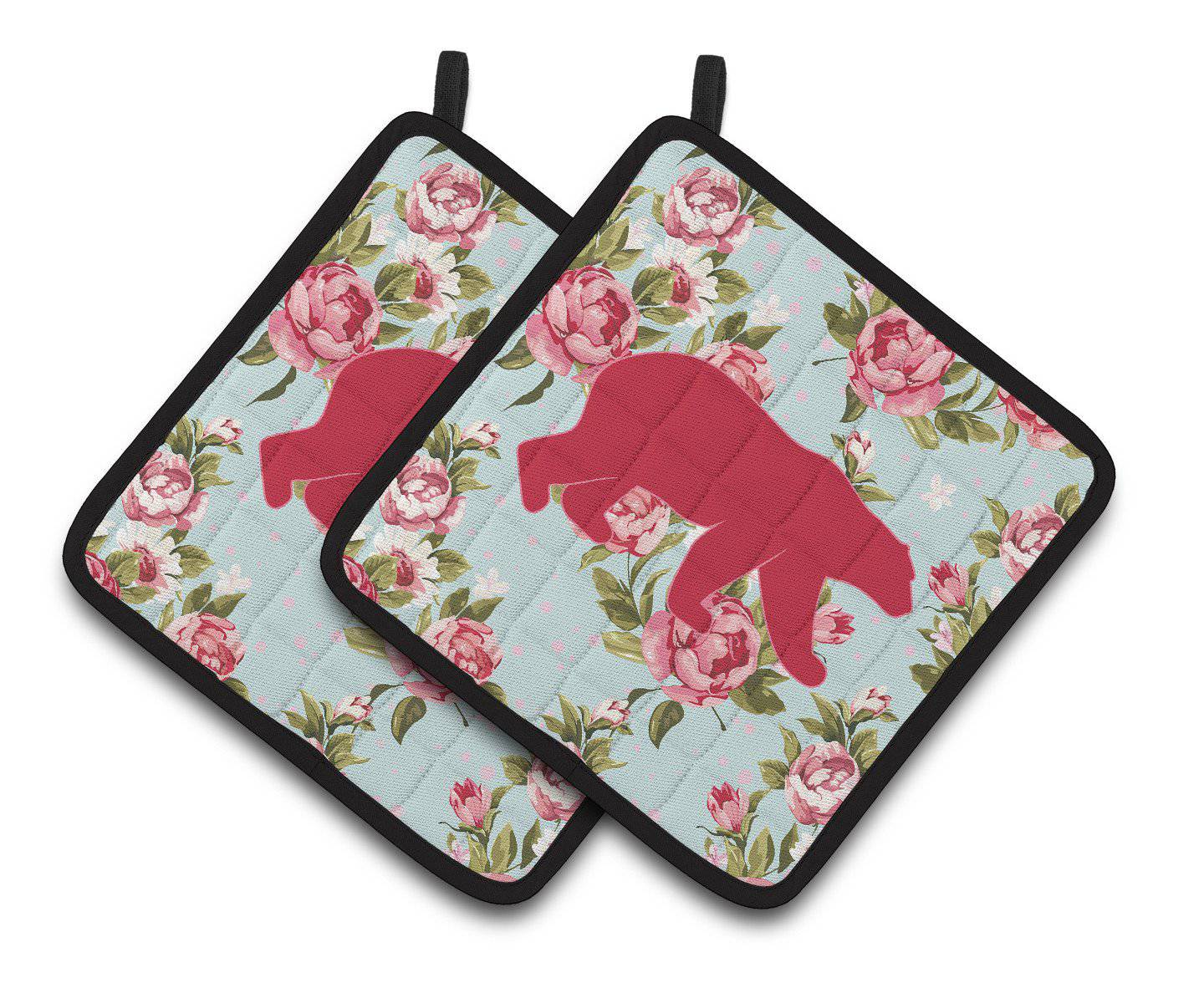 Bear Shabby Chic Blue Roses   Pair of Pot Holders BB1005-RS-BU-PTHD - the-store.com