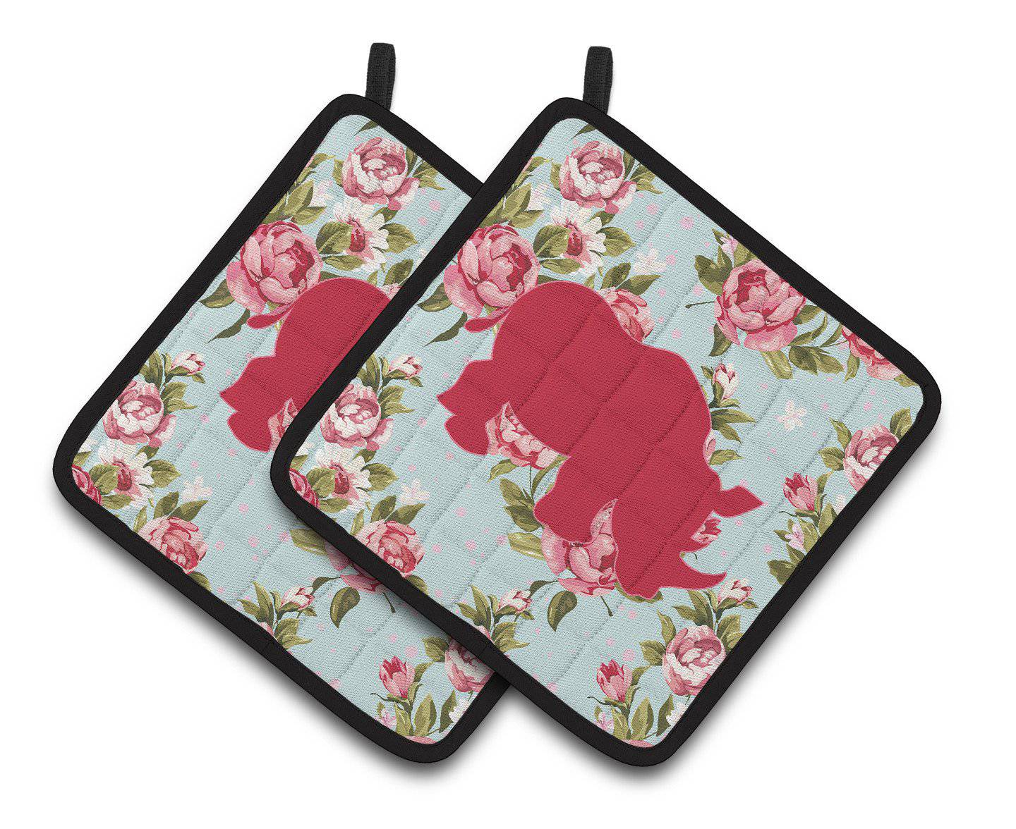 Rhinoceros Shabby Chic Blue Roses   Pair of Pot Holders BB1006-RS-BU-PTHD - the-store.com