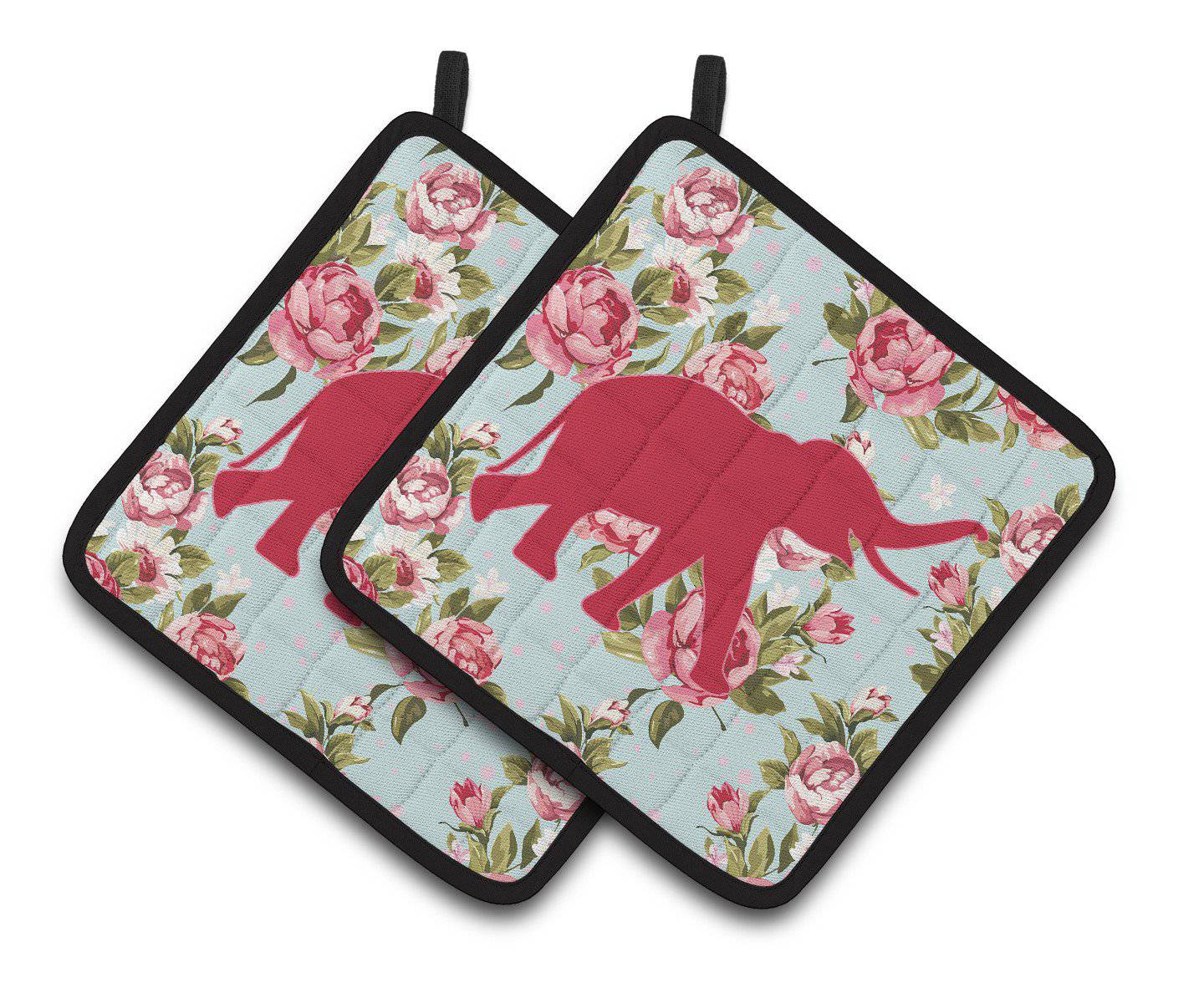 Elephant Shabby Chic Blue Roses   Pair of Pot Holders BB1011-RS-BU-PTHD - the-store.com