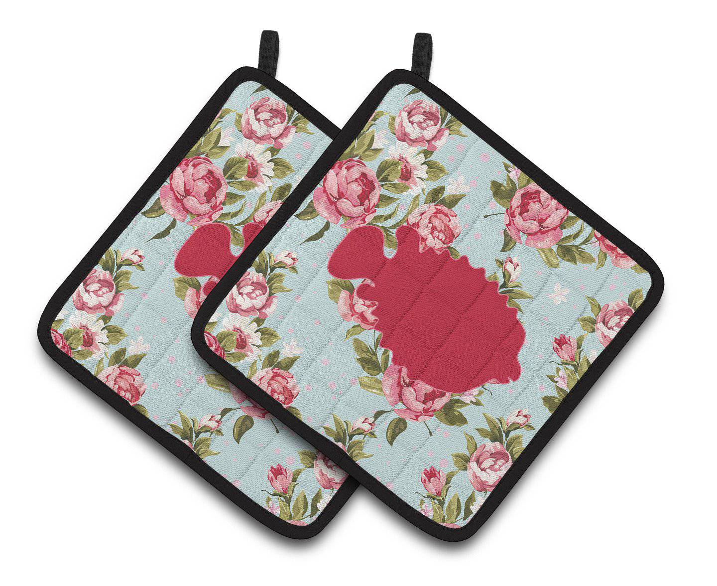 Fish - Blowfish Shabby Chic Blue Roses   Pair of Pot Holders BB1016-RS-BU-PTHD - the-store.com