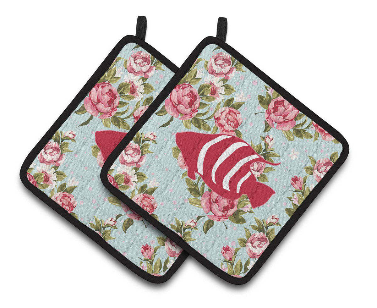 Fish Shabby Chic Blue Roses   Pair of Pot Holders BB1020-RS-BU-PTHD - the-store.com