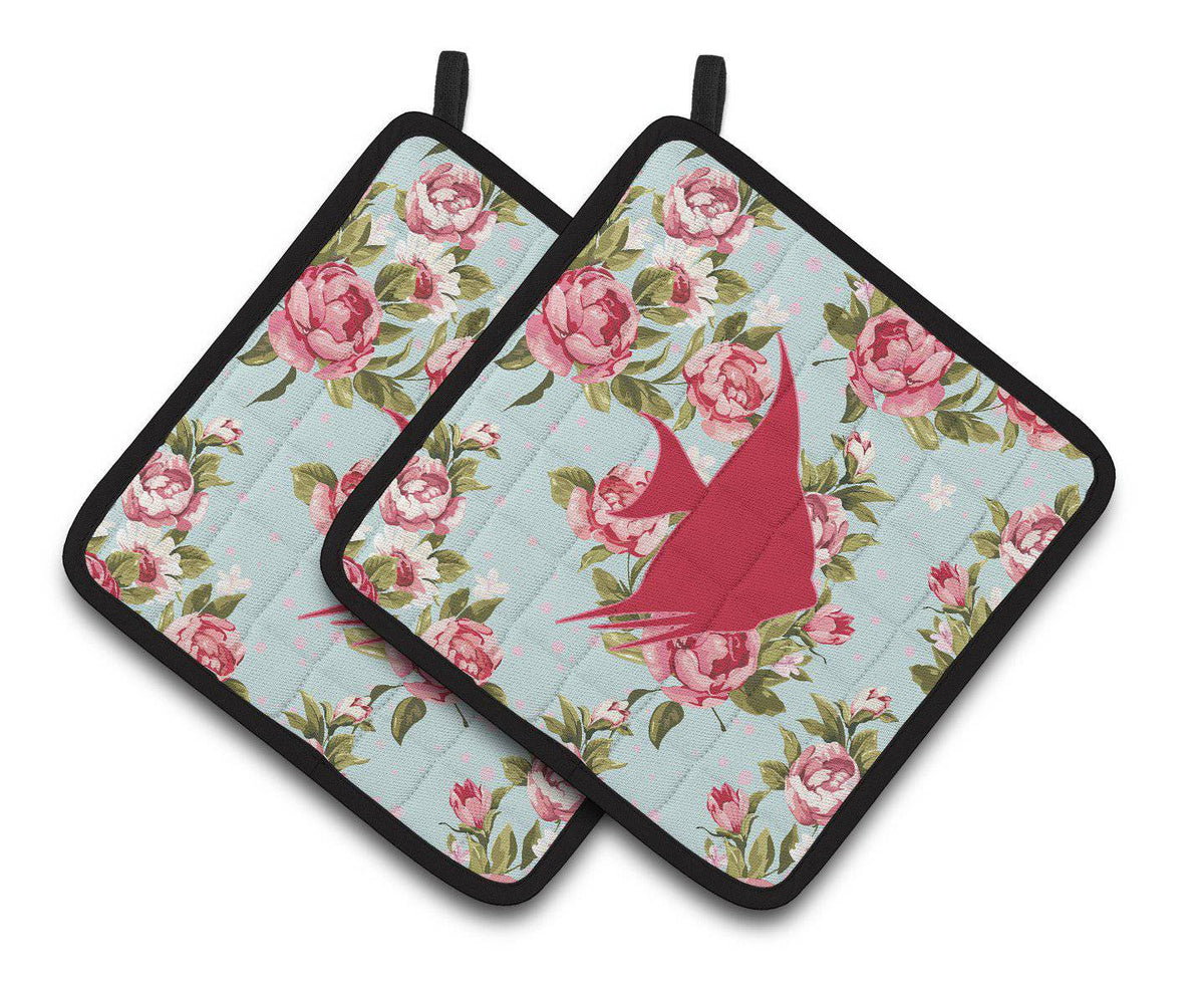 Fish - Angel Fish Shabby Chic Blue Roses  Pair of Pot Holders BB1022-RS-BU-PTHD - the-store.com