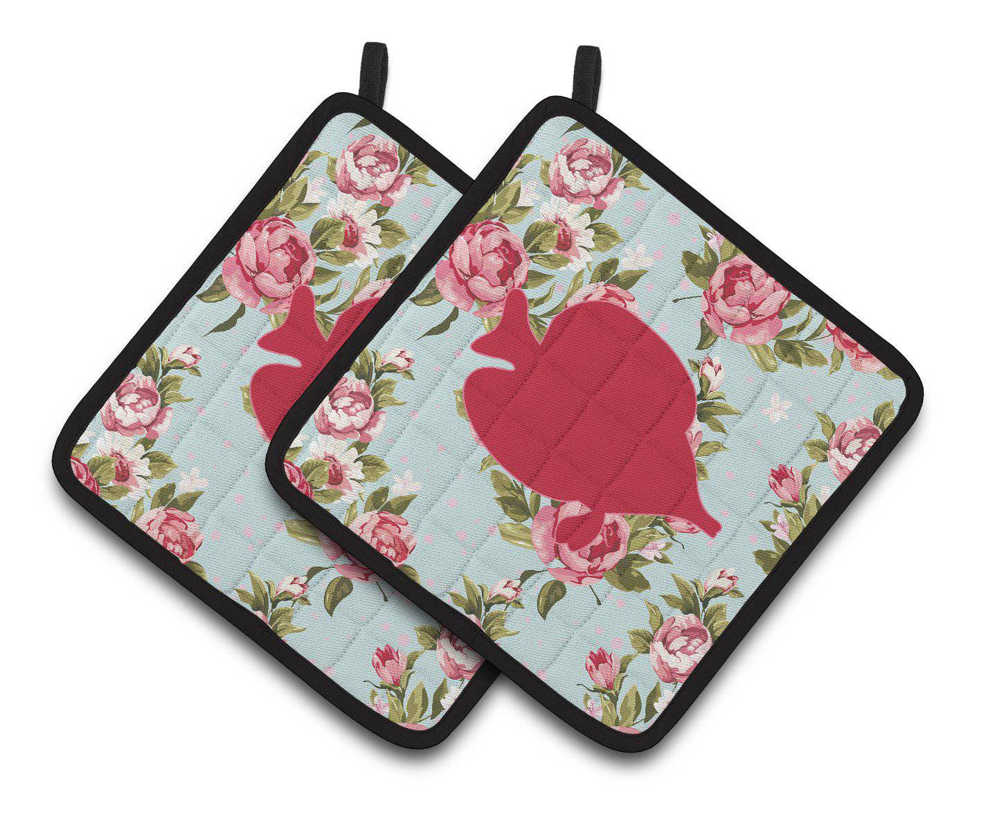 Fish - Tang Fish Shabby Chic Blue Roses  Pair of Pot Holders BB1023-RS-BU-PTHD - the-store.com