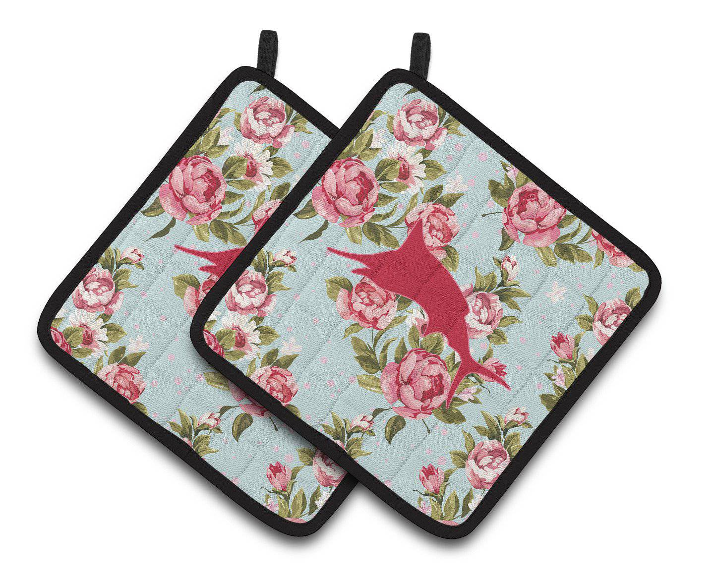 Fish - Marlin Shabby Chic Blue Roses   Pair of Pot Holders BB1026-RS-BU-PTHD - the-store.com