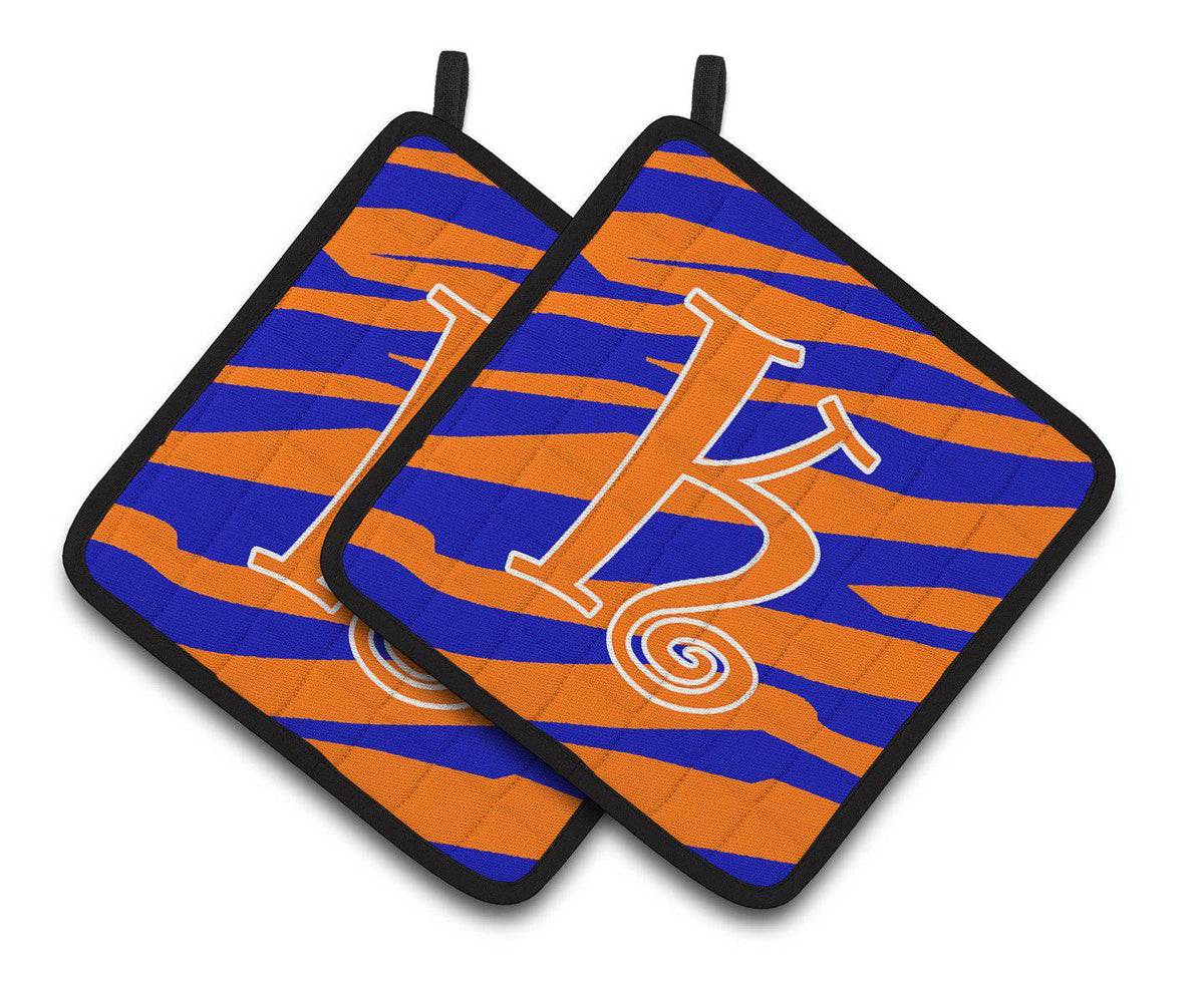 Monogram Initial K Tiger Stripe Blue and Orange Pair of Pot Holders CJ1036-KPTHD - the-store.com