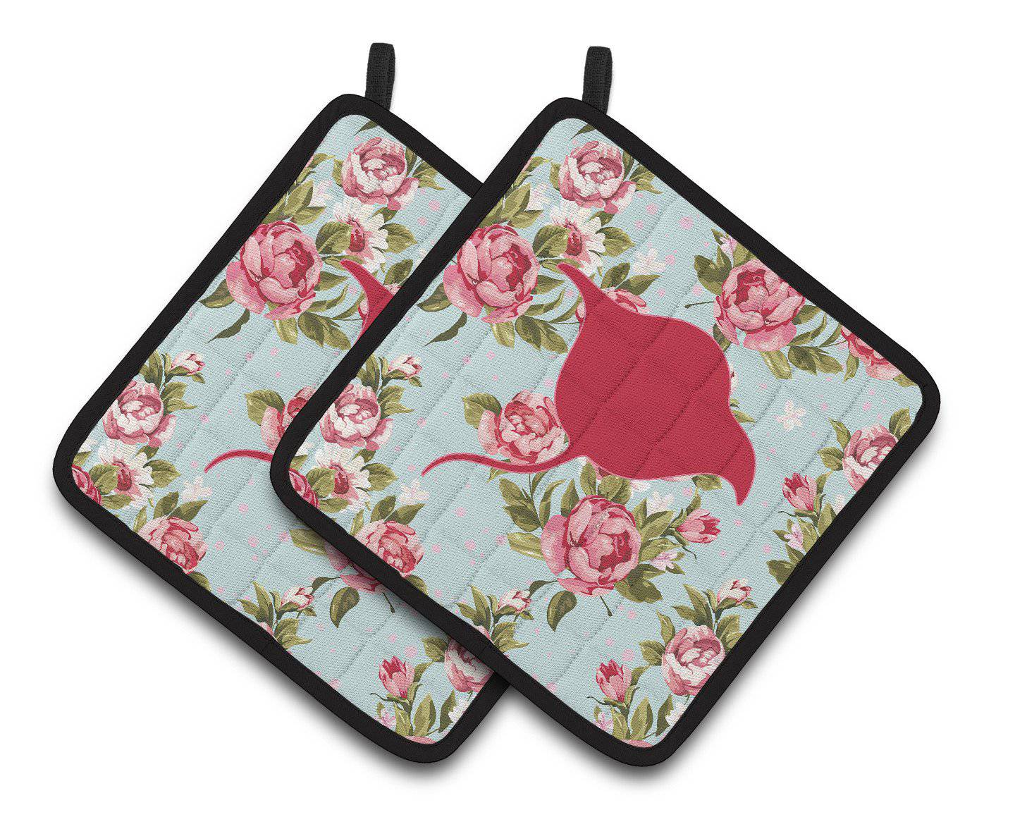 Stingray Shabby Chic Blue Roses   Pair of Pot Holders BB1094-RS-BU-PTHD - the-store.com