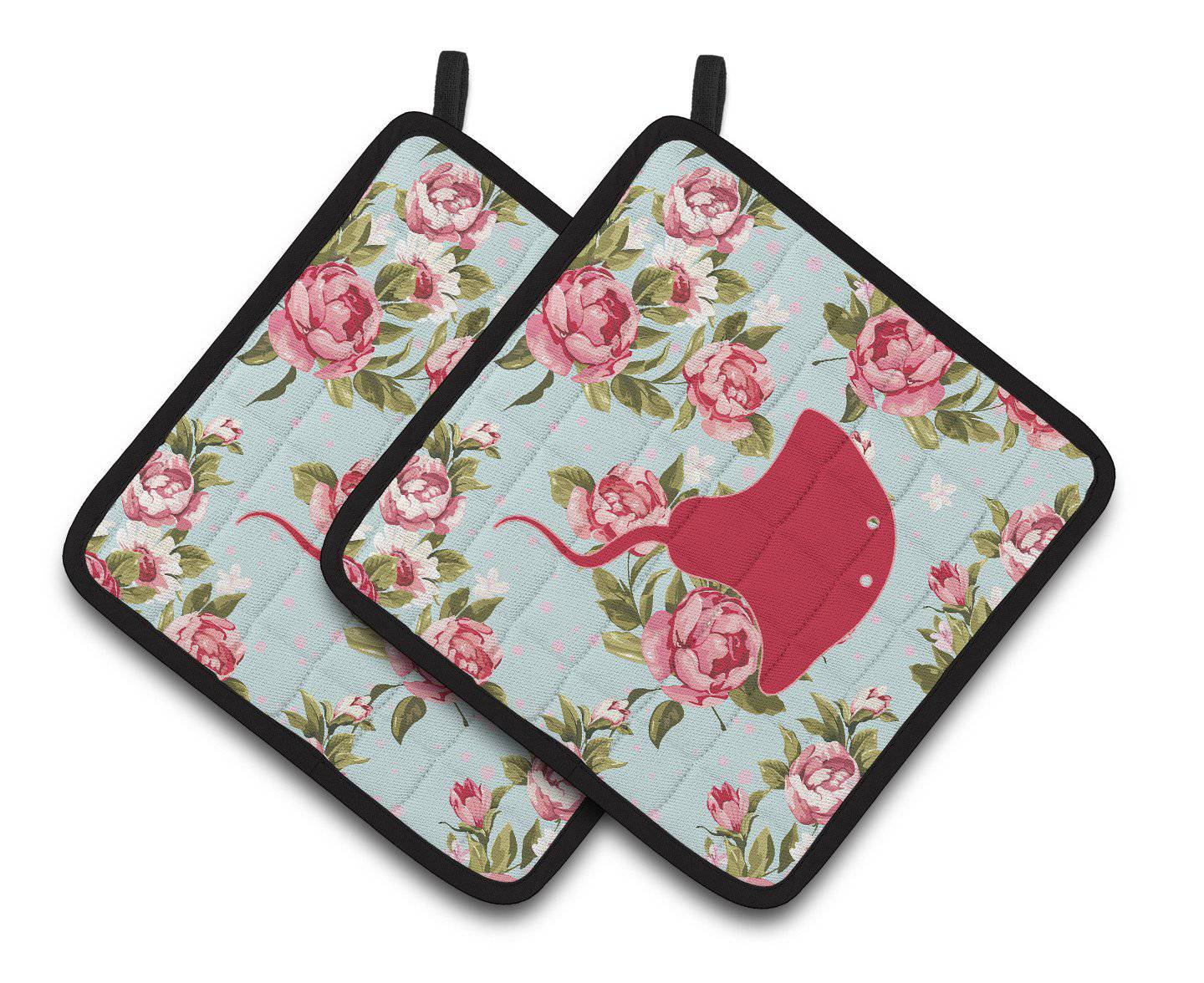 Stingray Shabby Chic Blue Roses   Pair of Pot Holders BB1095-RS-BU-PTHD - the-store.com