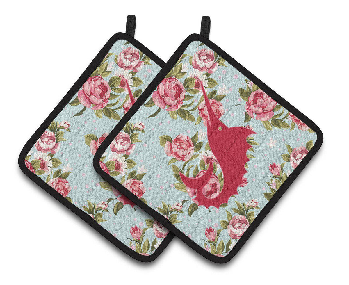 Fish - Sword Fish Shabby Chic Blue Roses  Pair of Pot Holders BB1097-RS-BU-PTHD - the-store.com