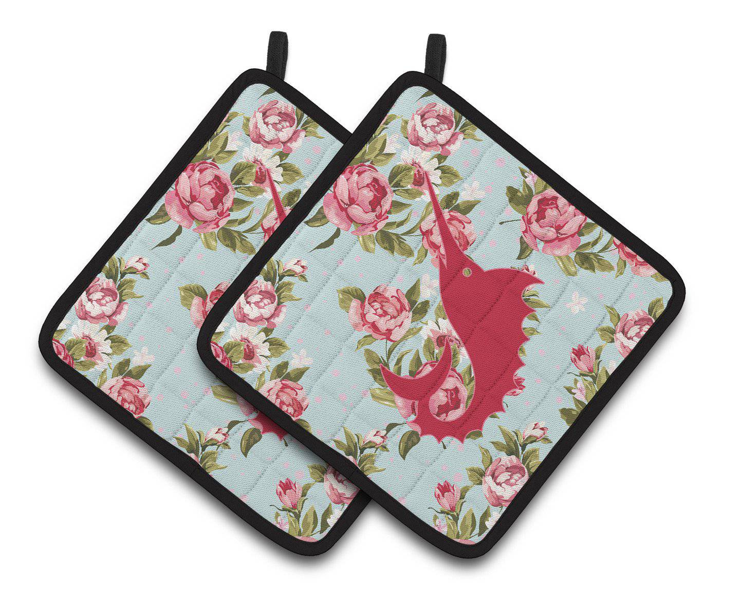 Fish - Sword Fish Shabby Chic Blue Roses  Pair of Pot Holders BB1097-RS-BU-PTHD - the-store.com