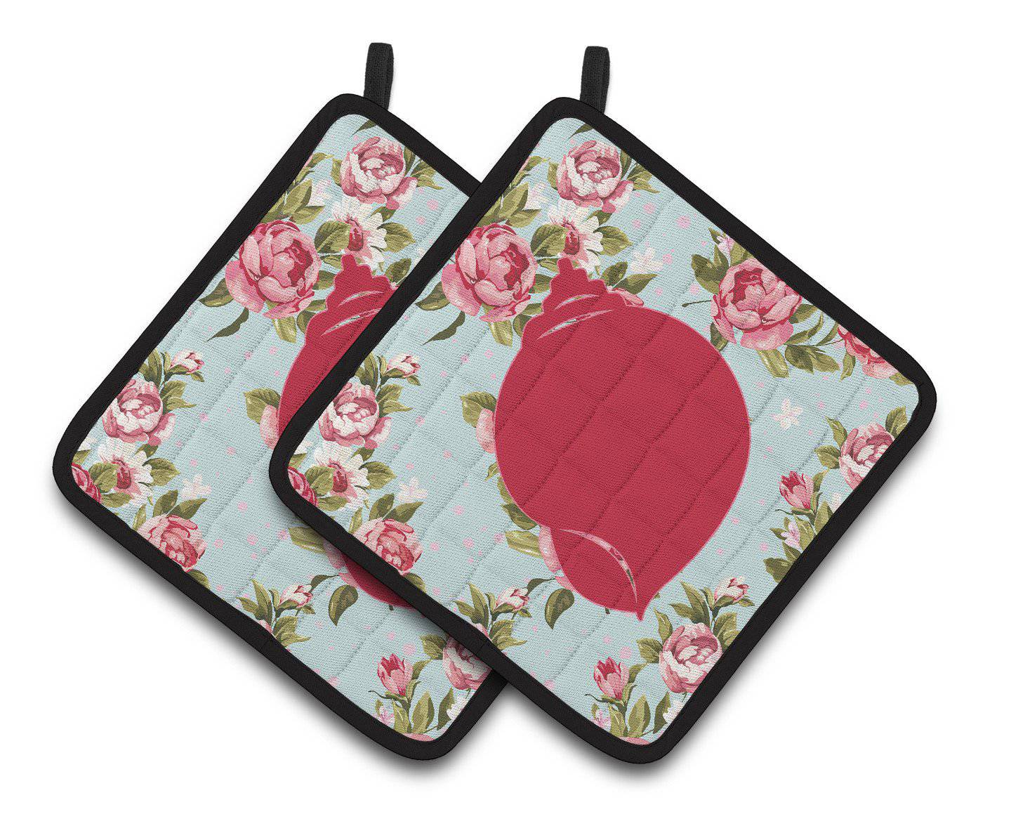 Shell Shabby Chic Blue Roses   Pair of Pot Holders BB1099-RS-BU-PTHD - the-store.com