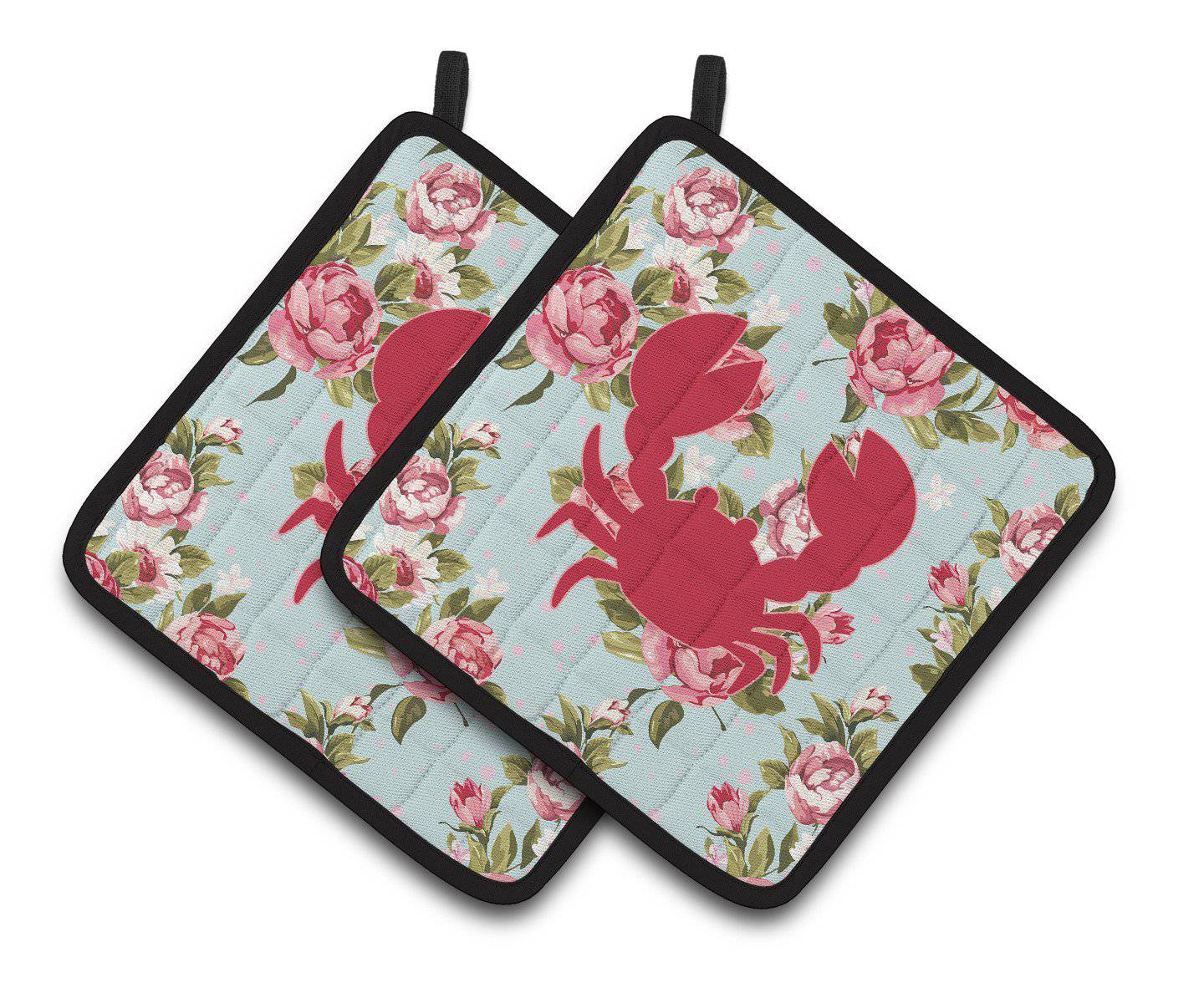 Crab Shabby Chic Blue Roses   Pair of Pot Holders BB1104-RS-BU-PTHD - the-store.com