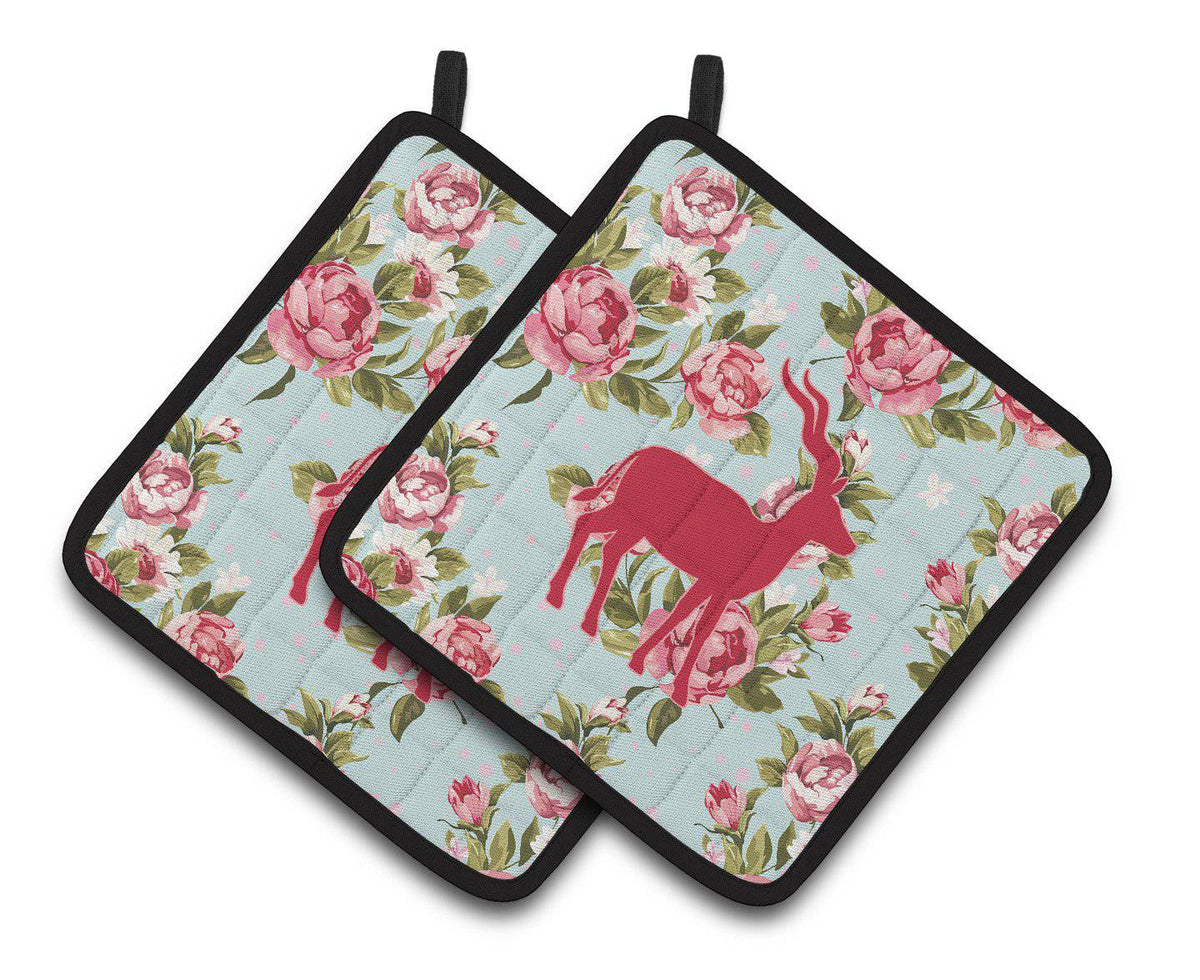 Deer Shabby Chic Blue Roses   Pair of Pot Holders BB1121-RS-BU-PTHD - the-store.com