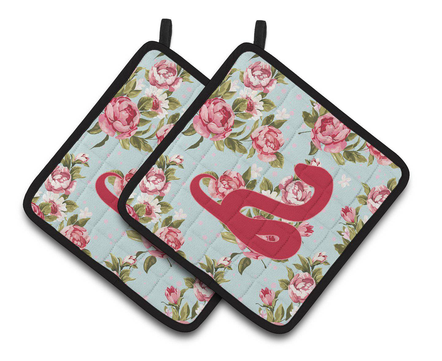 Snake Shabby Chic Blue Roses   Pair of Pot Holders BB1124-RS-BU-PTHD - the-store.com