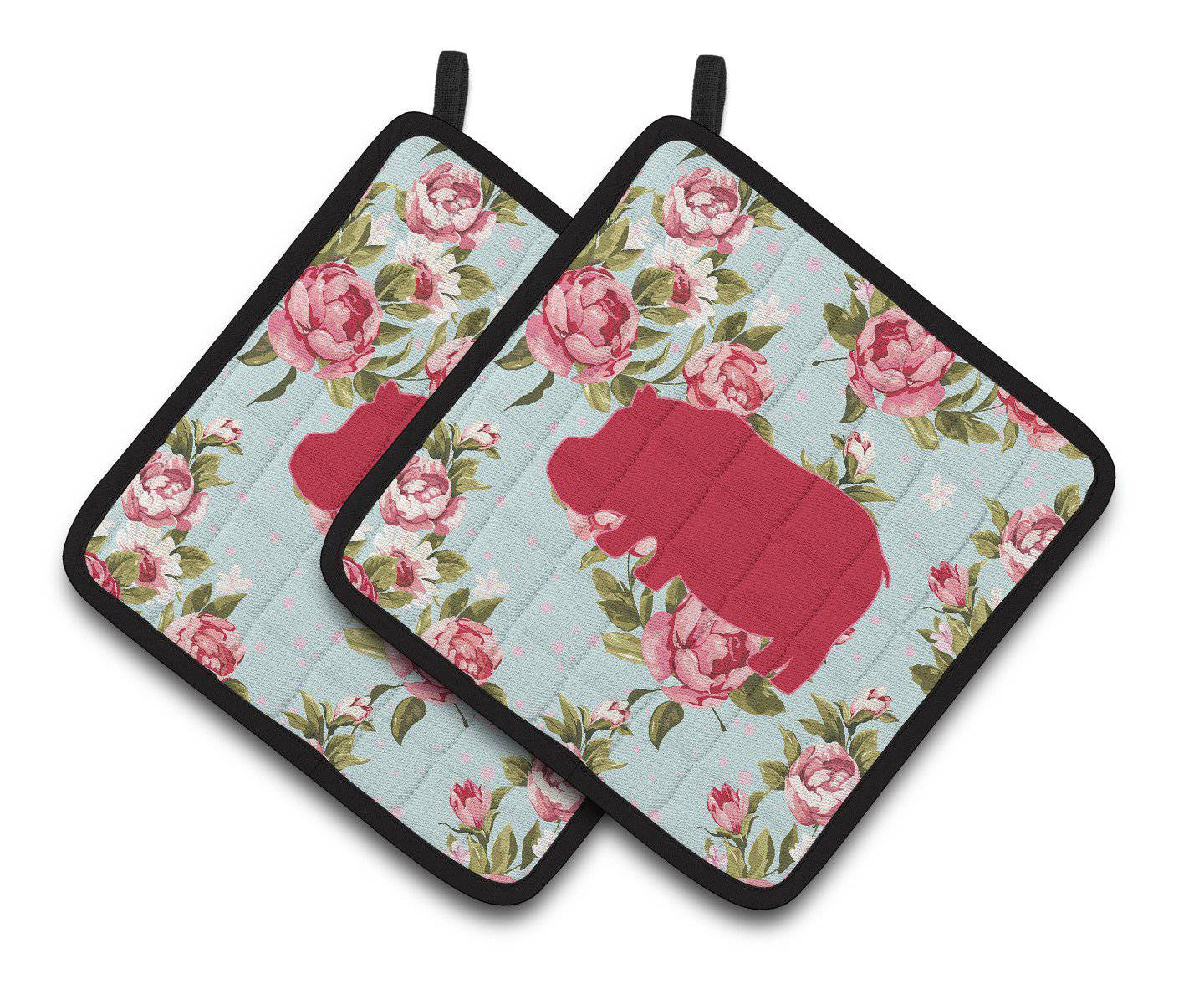 Hippopotamus Shabby Chic Blue Roses   Pair of Pot Holders BB1130-RS-BU-PTHD - the-store.com