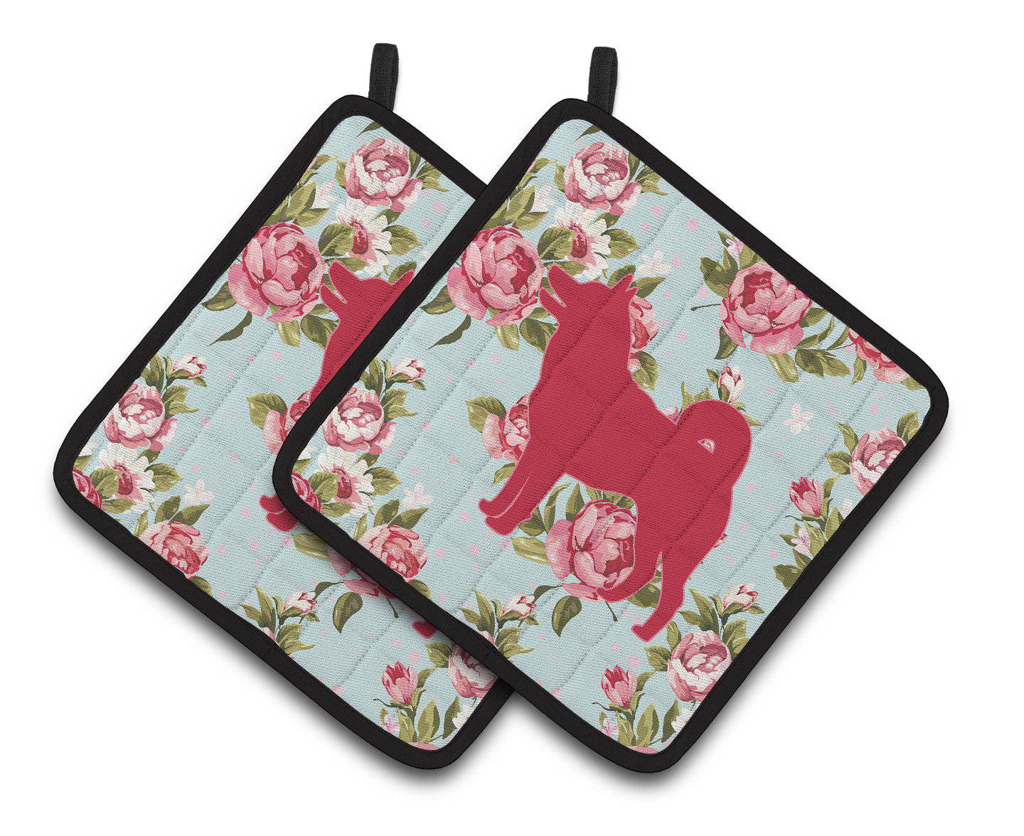 Shiba Inu Shabby Chic Blue Roses   Pair of Pot Holders BB1067-RS-BU-PTHD - the-store.com